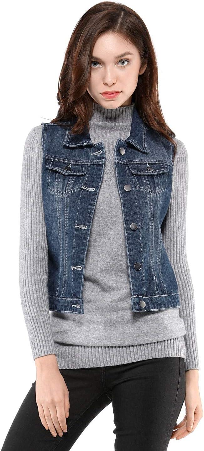 imageAllegra K Womens Buttoned Washed Denim Vest Jacket W Chest Flap PocketsBlue