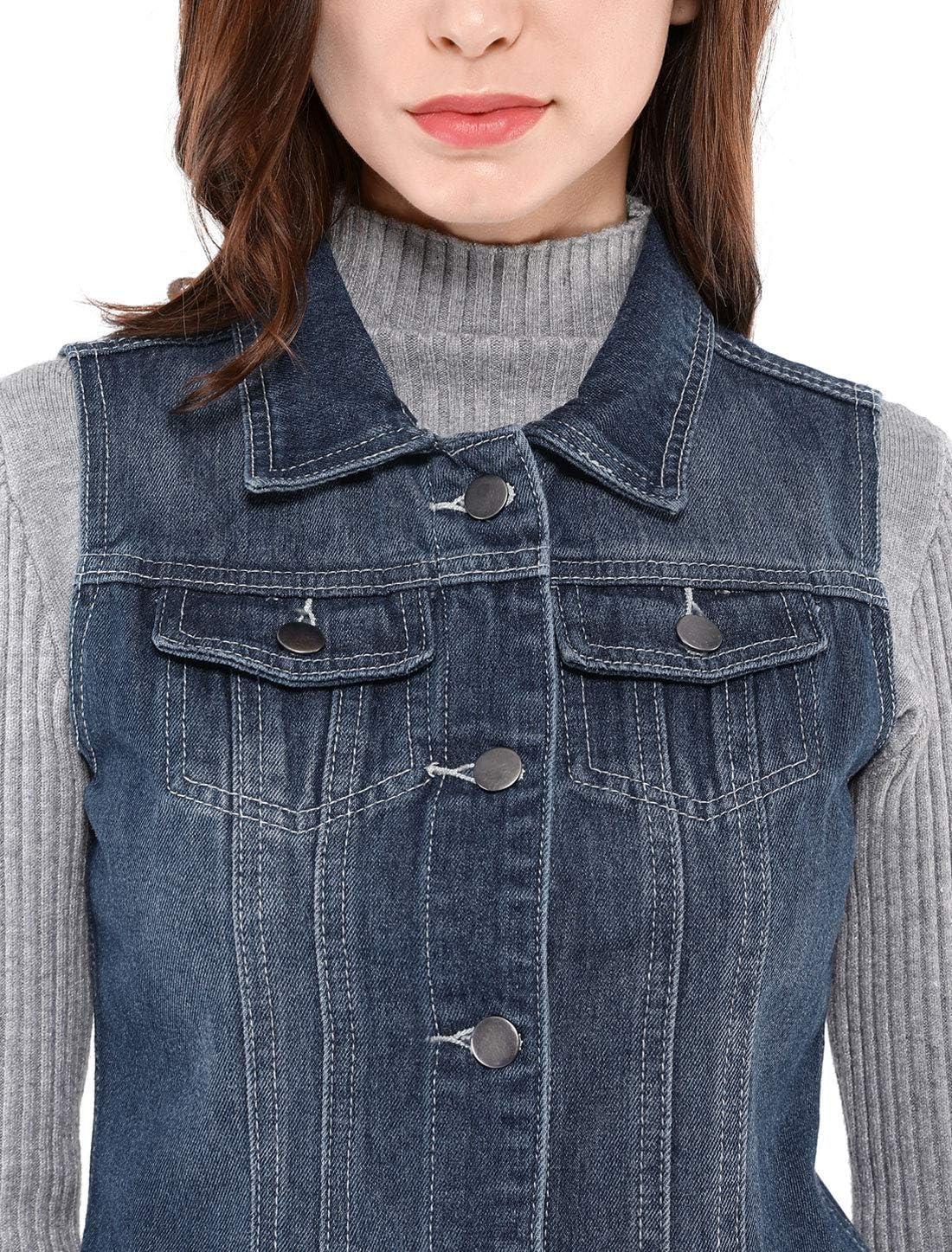 imageAllegra K Womens Buttoned Washed Denim Vest Jacket W Chest Flap PocketsBlue