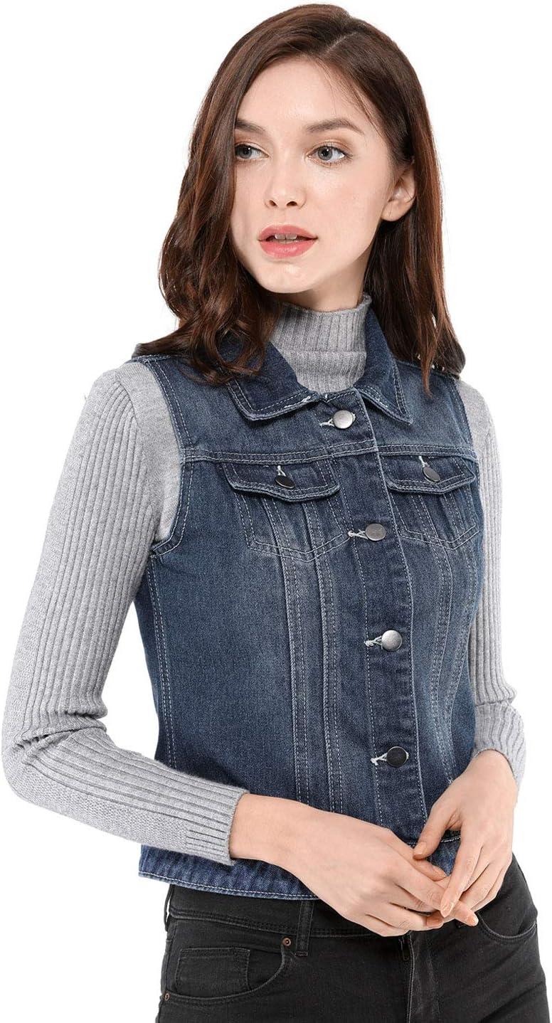 imageAllegra K Womens Buttoned Washed Denim Vest Jacket W Chest Flap PocketsBlue