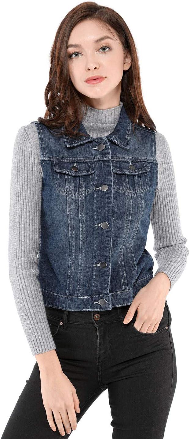 imageAllegra K Womens Buttoned Washed Denim Vest Jacket W Chest Flap PocketsBlue