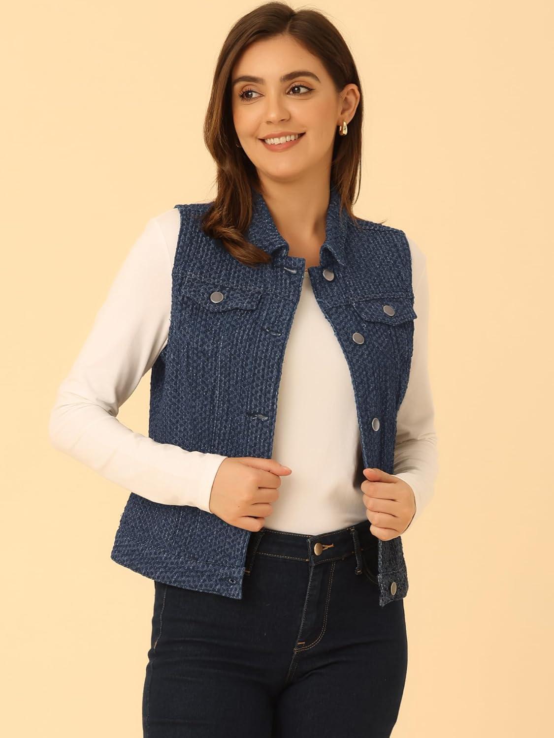 imageAllegra K Womens Buttoned Washed Denim Vest Jacket W Chest Flap PocketsBlue Texture