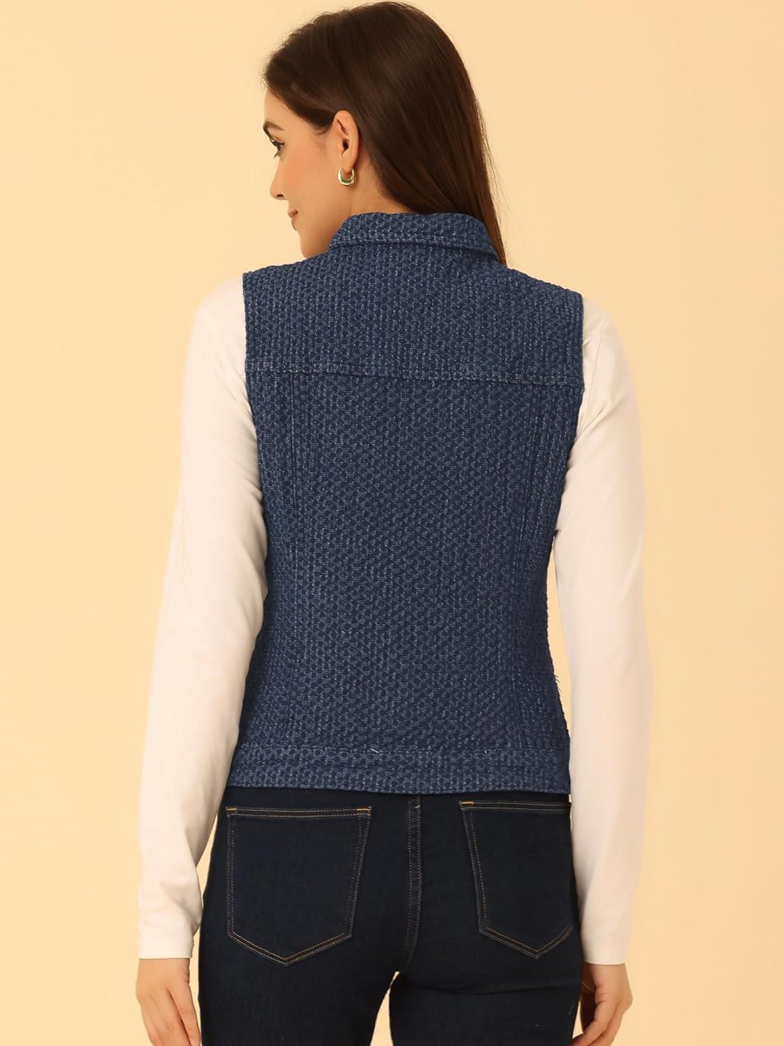 imageAllegra K Womens Buttoned Washed Denim Vest Jacket W Chest Flap PocketsBlue Texture