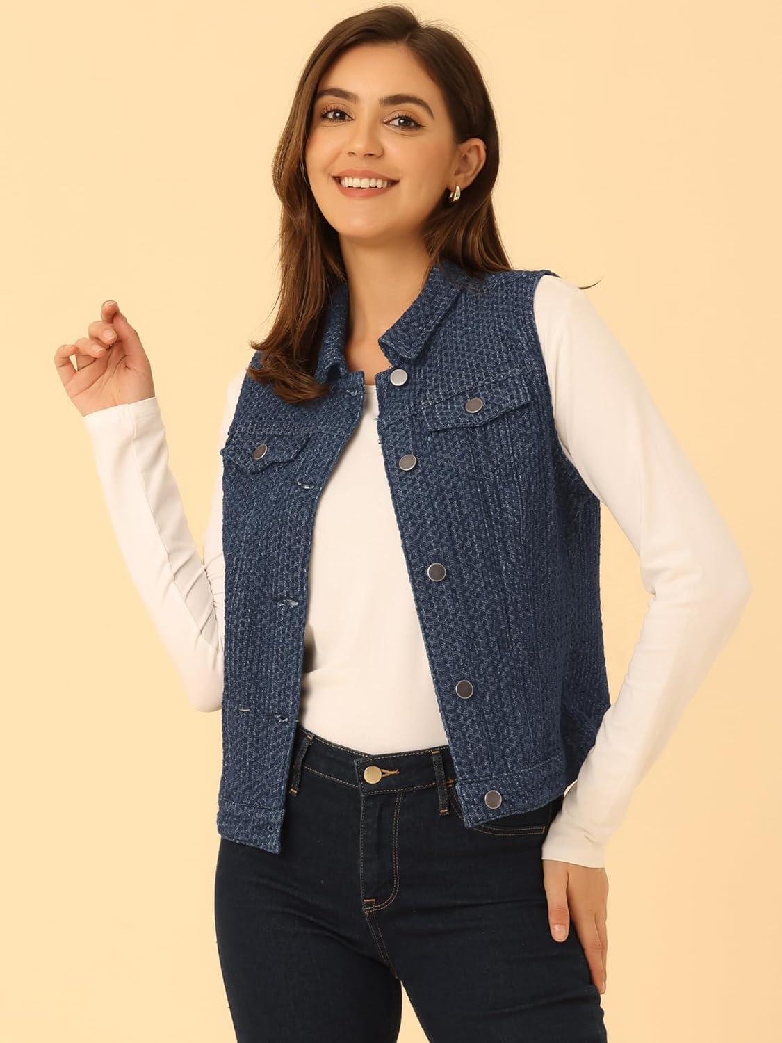 imageAllegra K Womens Buttoned Washed Denim Vest Jacket W Chest Flap PocketsBlue Texture