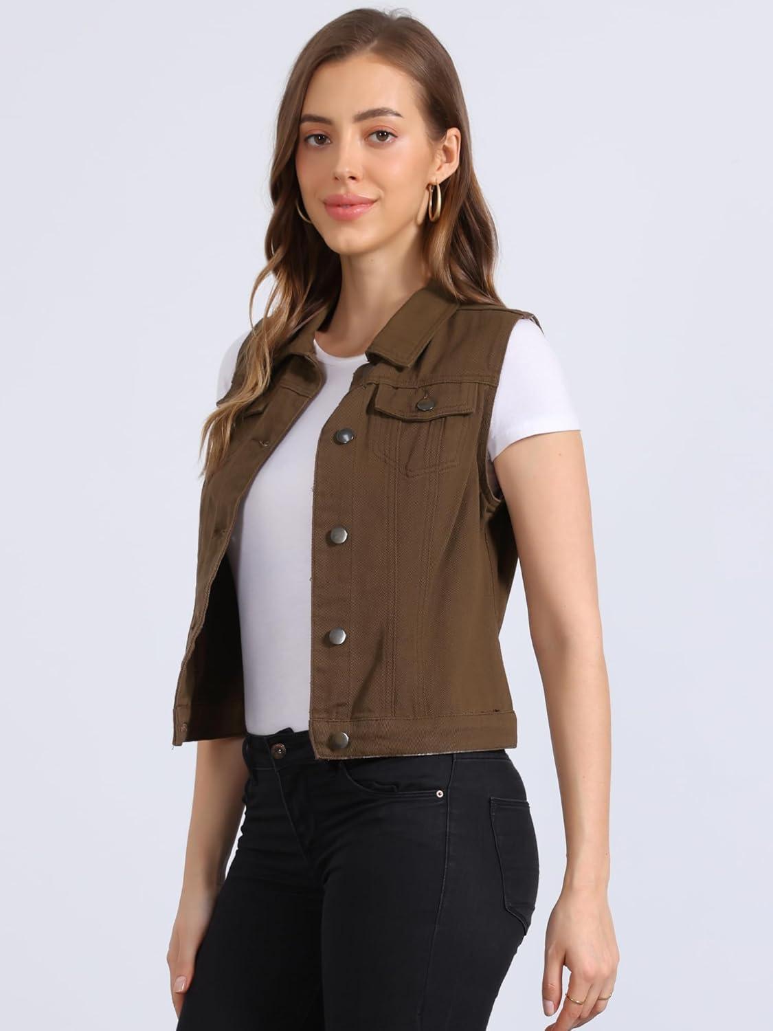 imageAllegra K Womens Buttoned Washed Denim Vest Jacket W Chest Flap PocketsCoffee