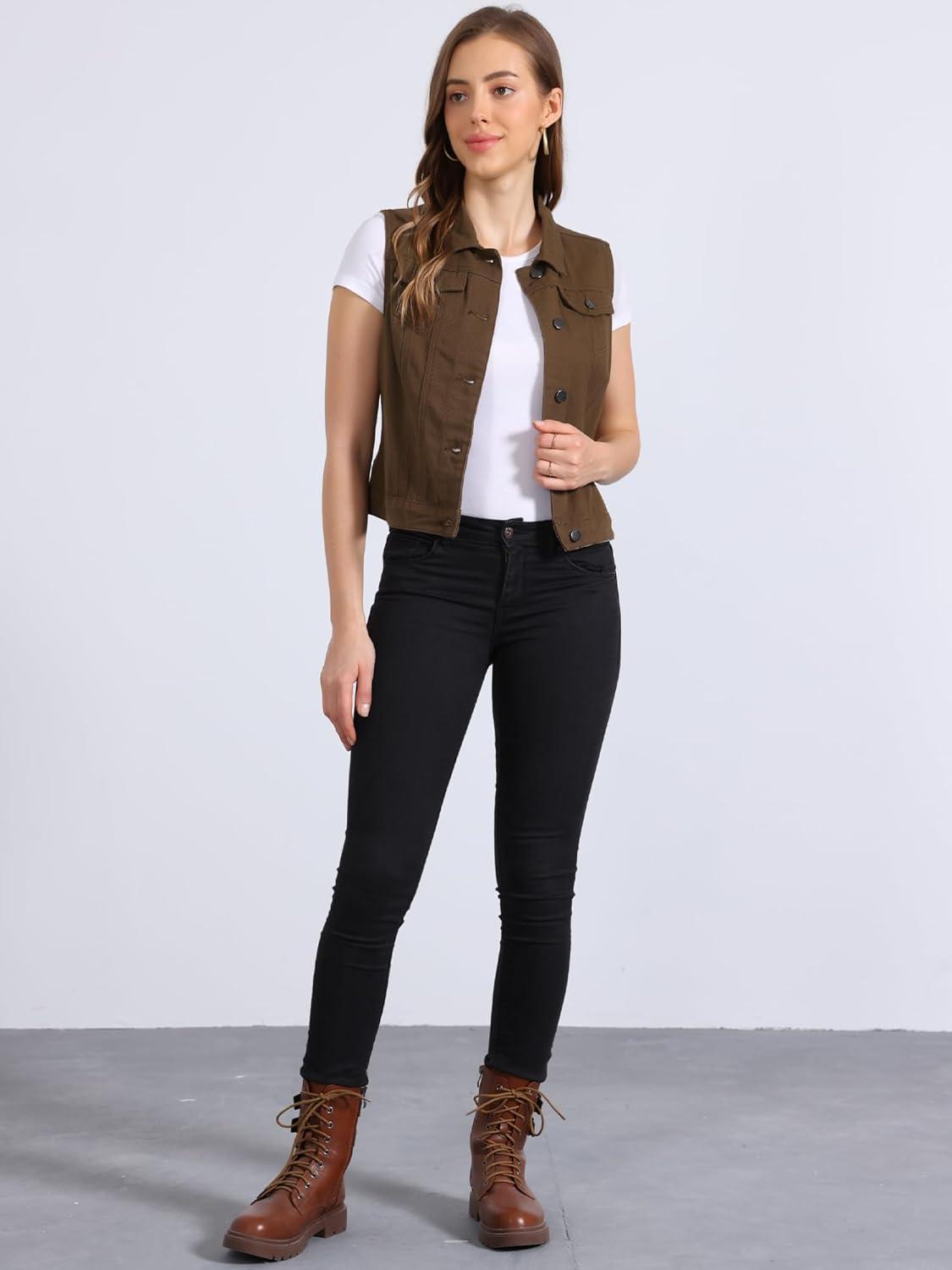 imageAllegra K Womens Buttoned Washed Denim Vest Jacket W Chest Flap PocketsCoffee
