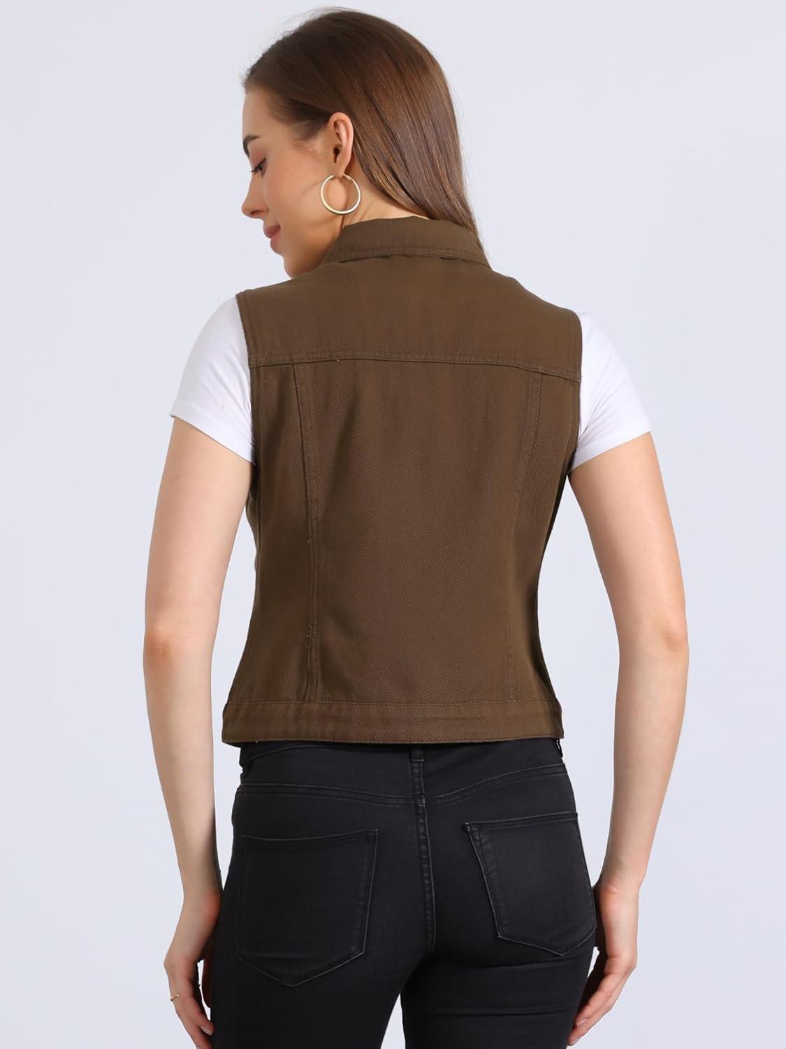 imageAllegra K Womens Buttoned Washed Denim Vest Jacket W Chest Flap PocketsCoffee