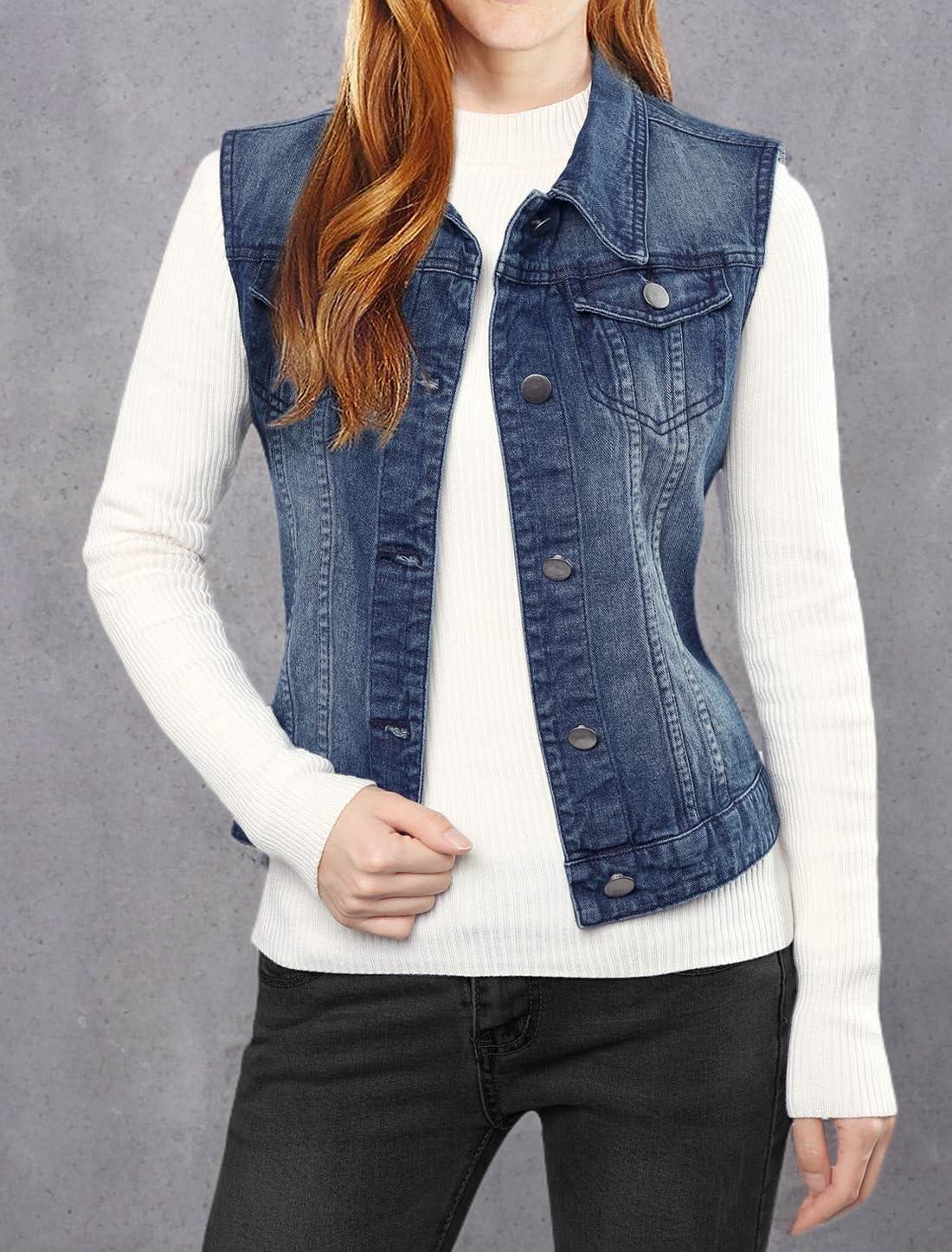 imageAllegra K Womens Buttoned Washed Denim Vest Jacket W Chest Flap PocketsDark Blue