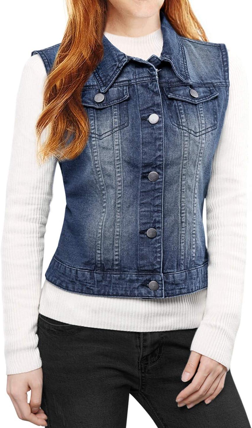 imageAllegra K Womens Buttoned Washed Denim Vest Jacket W Chest Flap PocketsDark Blue