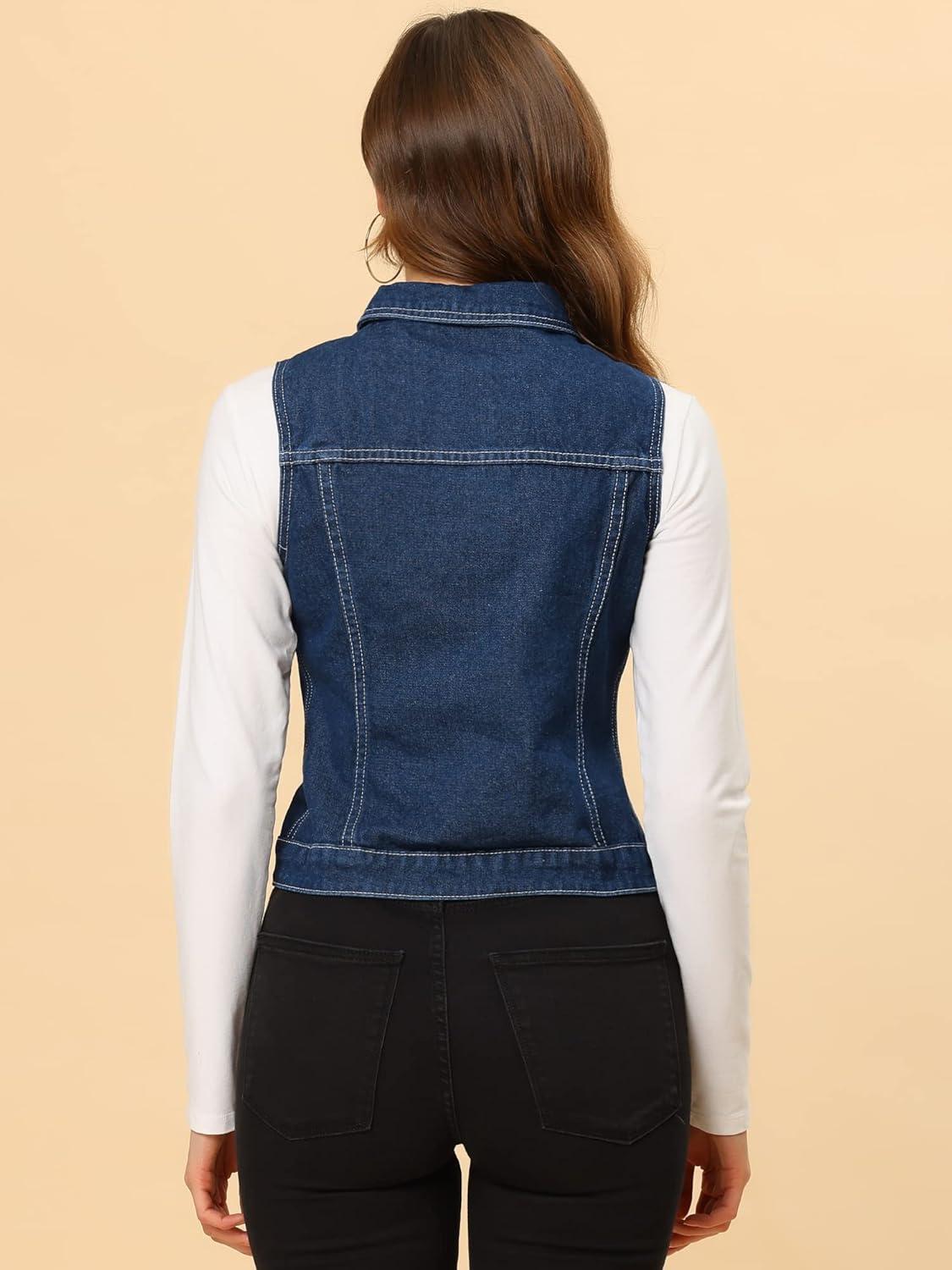 imageAllegra K Womens Buttoned Washed Denim Vest Jacket W Chest Flap PocketsDark Blue1