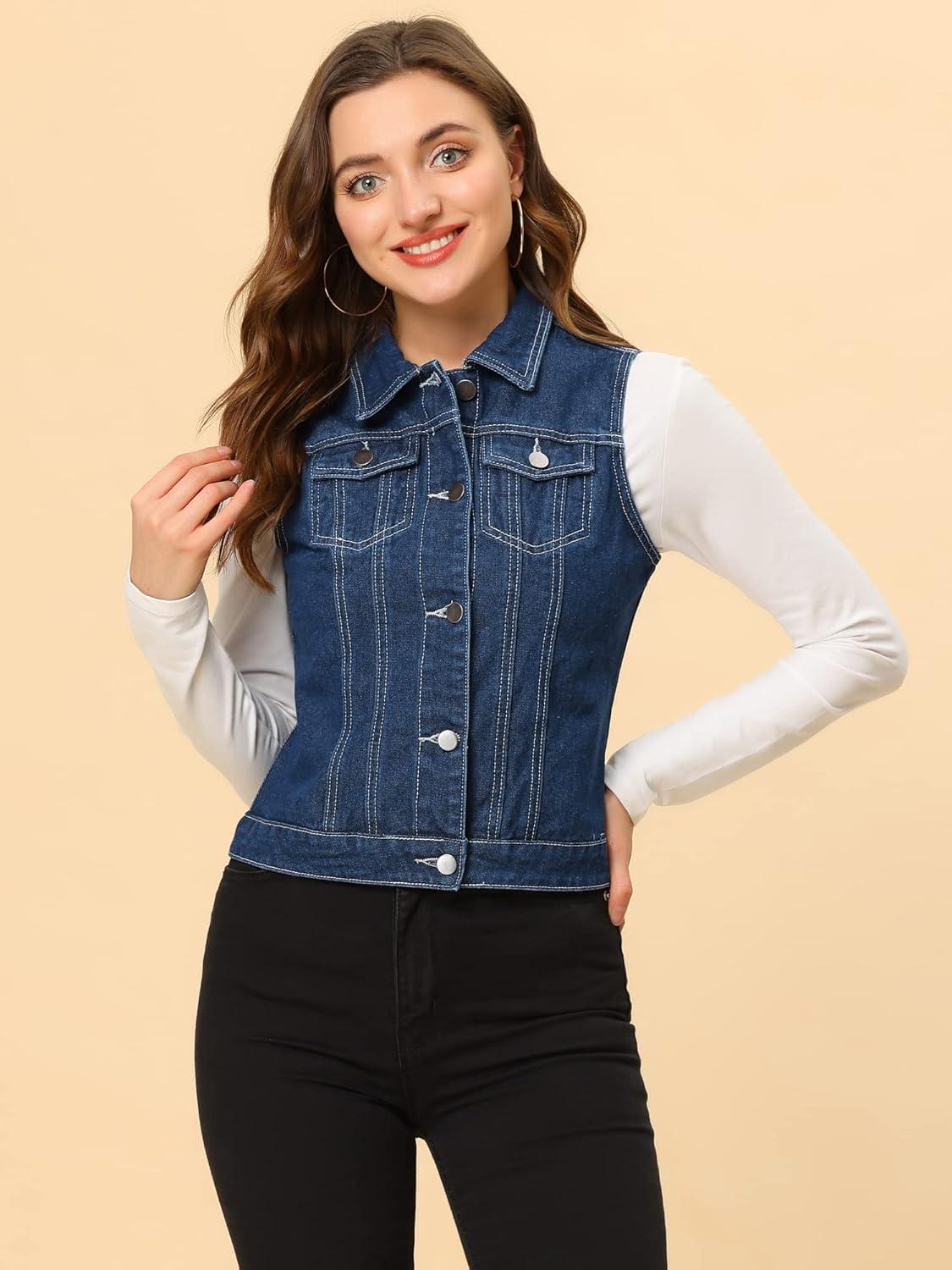 imageAllegra K Womens Buttoned Washed Denim Vest Jacket W Chest Flap PocketsDark Blue1