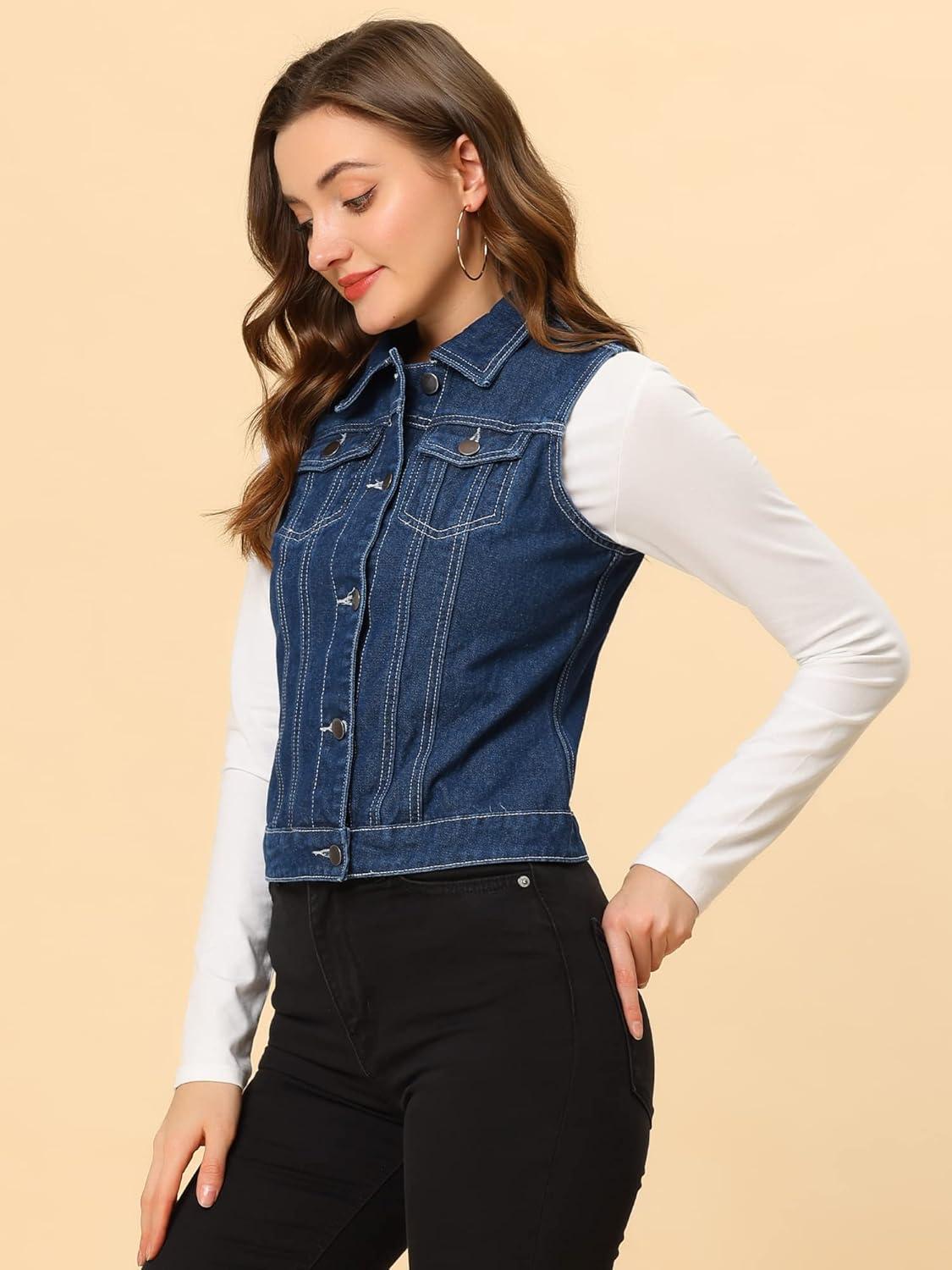 imageAllegra K Womens Buttoned Washed Denim Vest Jacket W Chest Flap PocketsDark Blue1