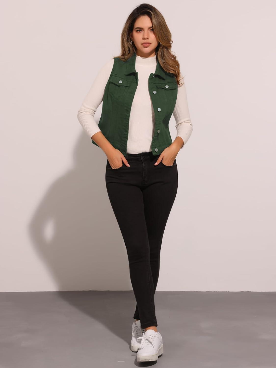 imageAllegra K Womens Buttoned Washed Denim Vest Jacket W Chest Flap PocketsDark Green