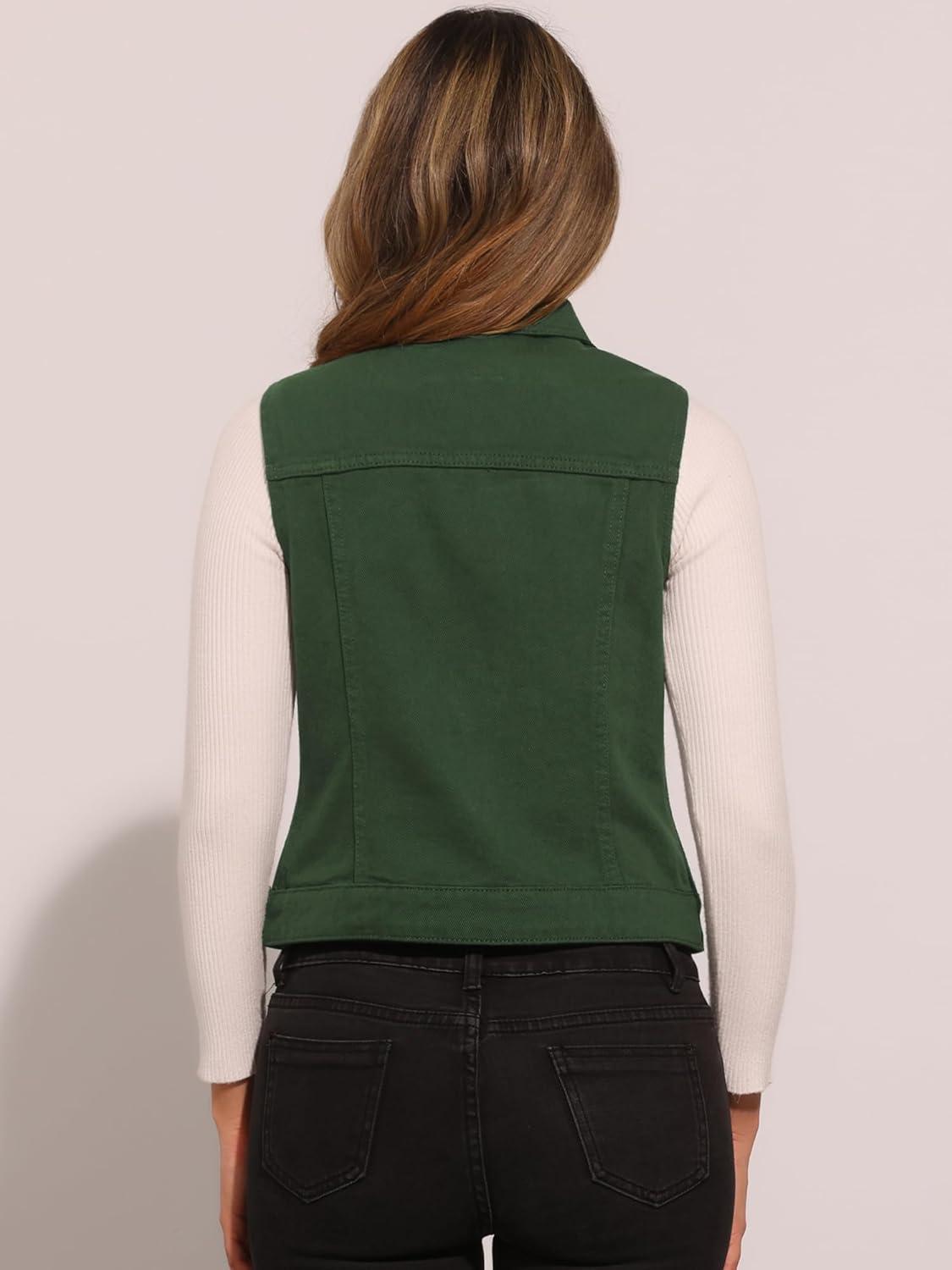 imageAllegra K Womens Buttoned Washed Denim Vest Jacket W Chest Flap PocketsDark Green