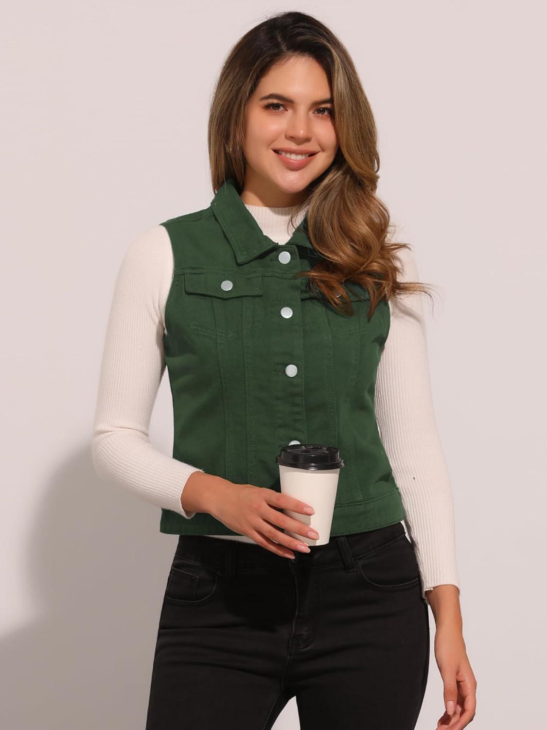 imageAllegra K Womens Buttoned Washed Denim Vest Jacket W Chest Flap PocketsDark Green