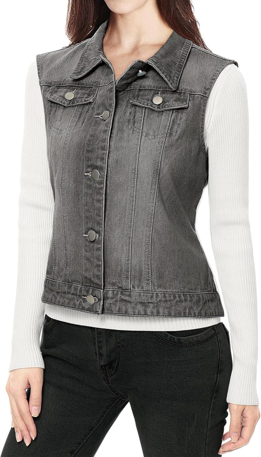 imageAllegra K Womens Buttoned Washed Denim Vest Jacket W Chest Flap PocketsGray