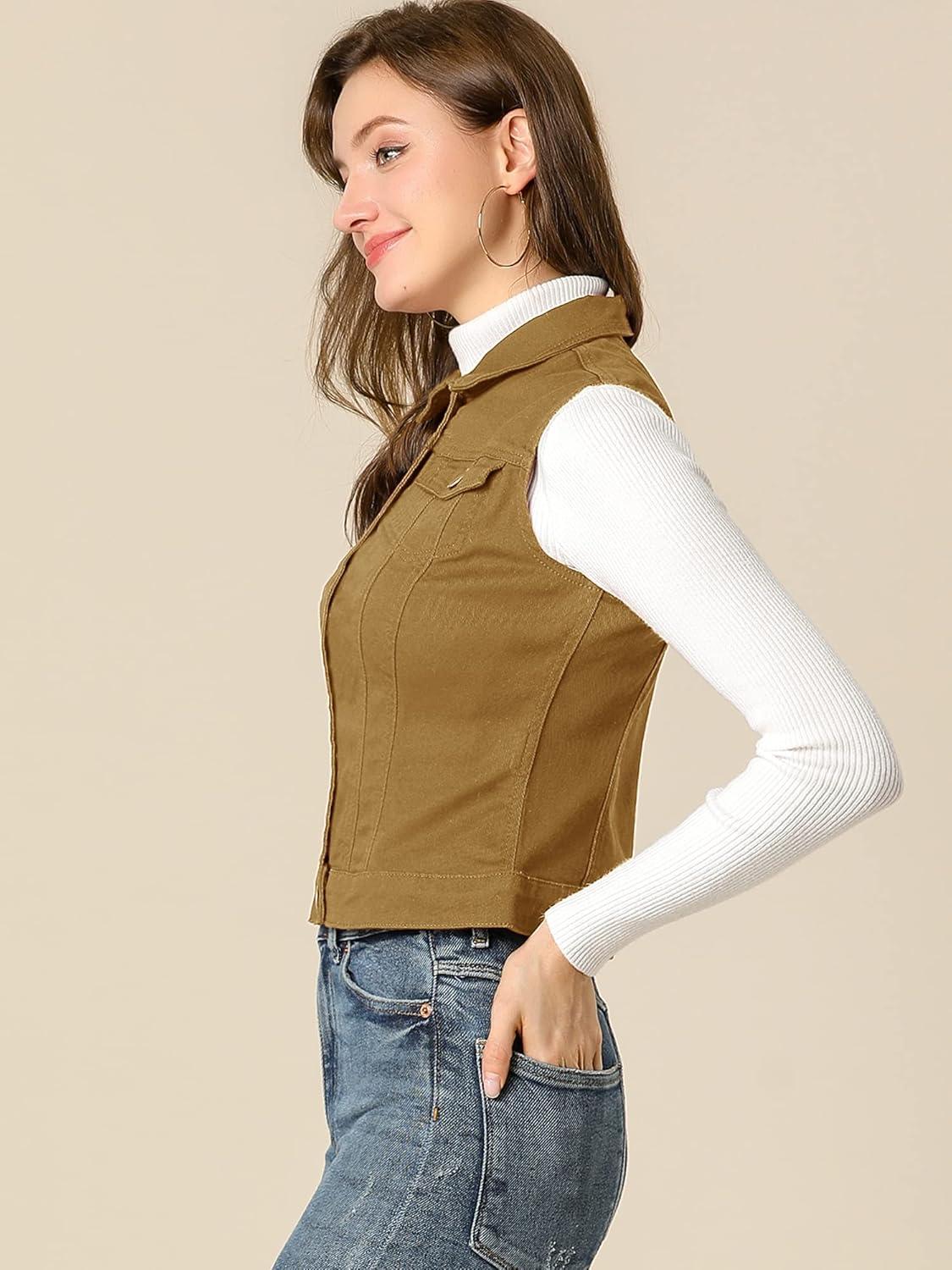 imageAllegra K Womens Buttoned Washed Denim Vest Jacket W Chest Flap PocketsKhaki