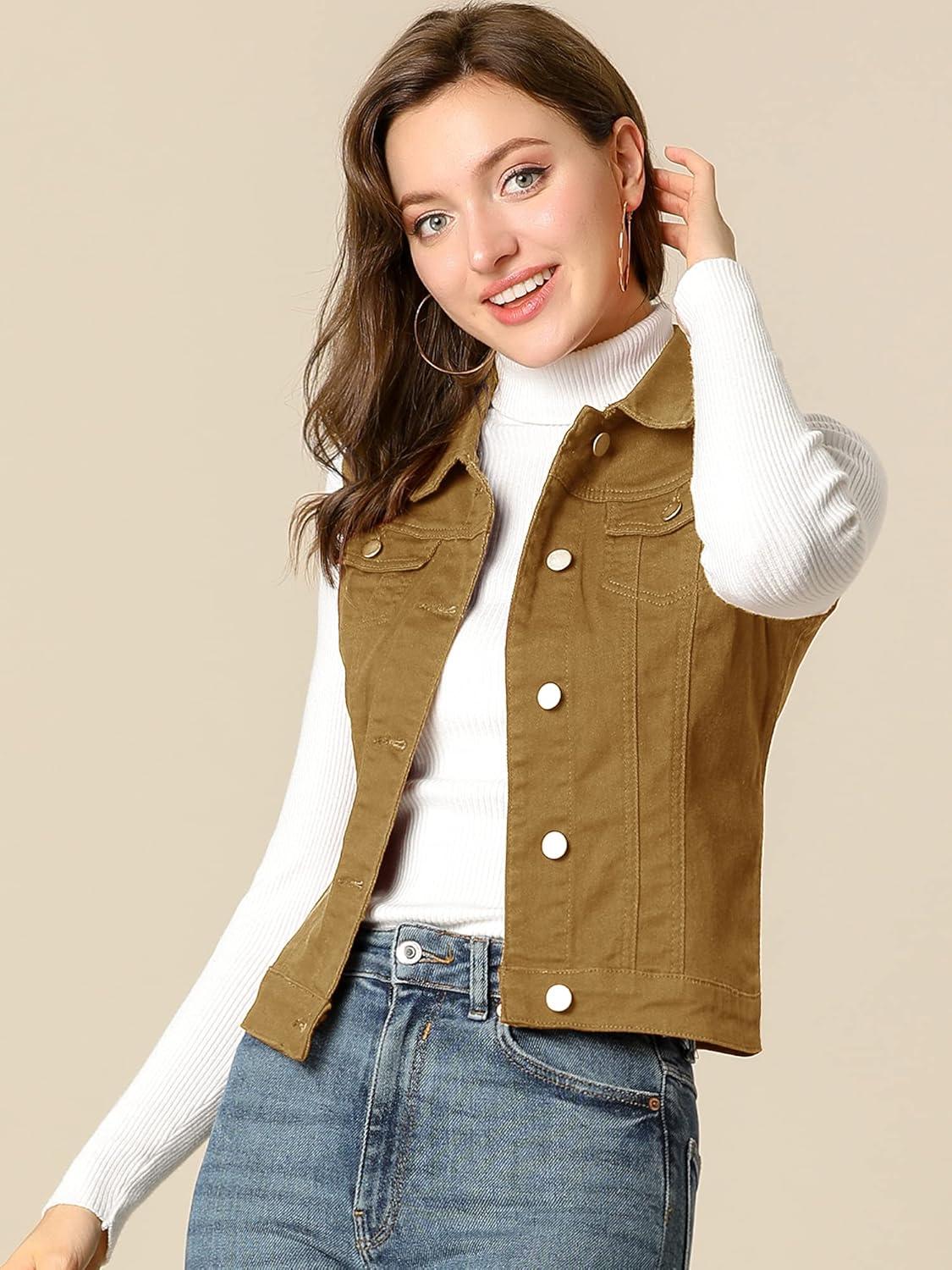 imageAllegra K Womens Buttoned Washed Denim Vest Jacket W Chest Flap PocketsKhaki