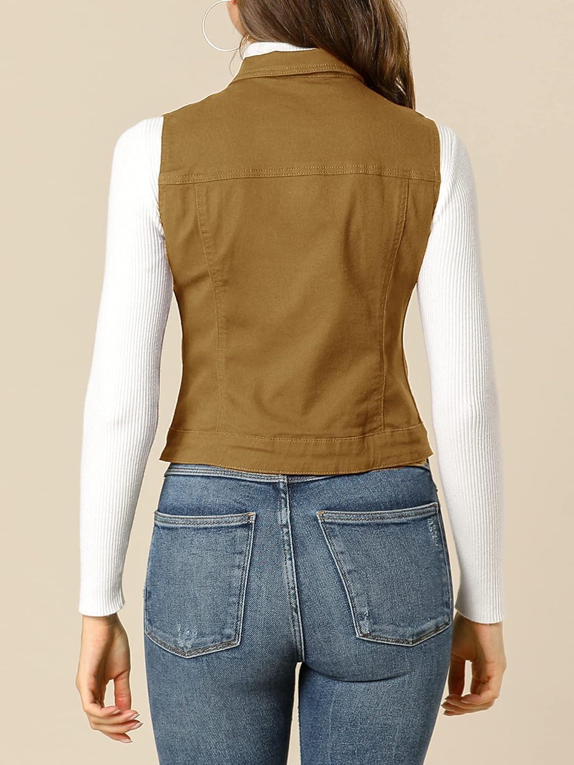 imageAllegra K Womens Buttoned Washed Denim Vest Jacket W Chest Flap PocketsKhaki
