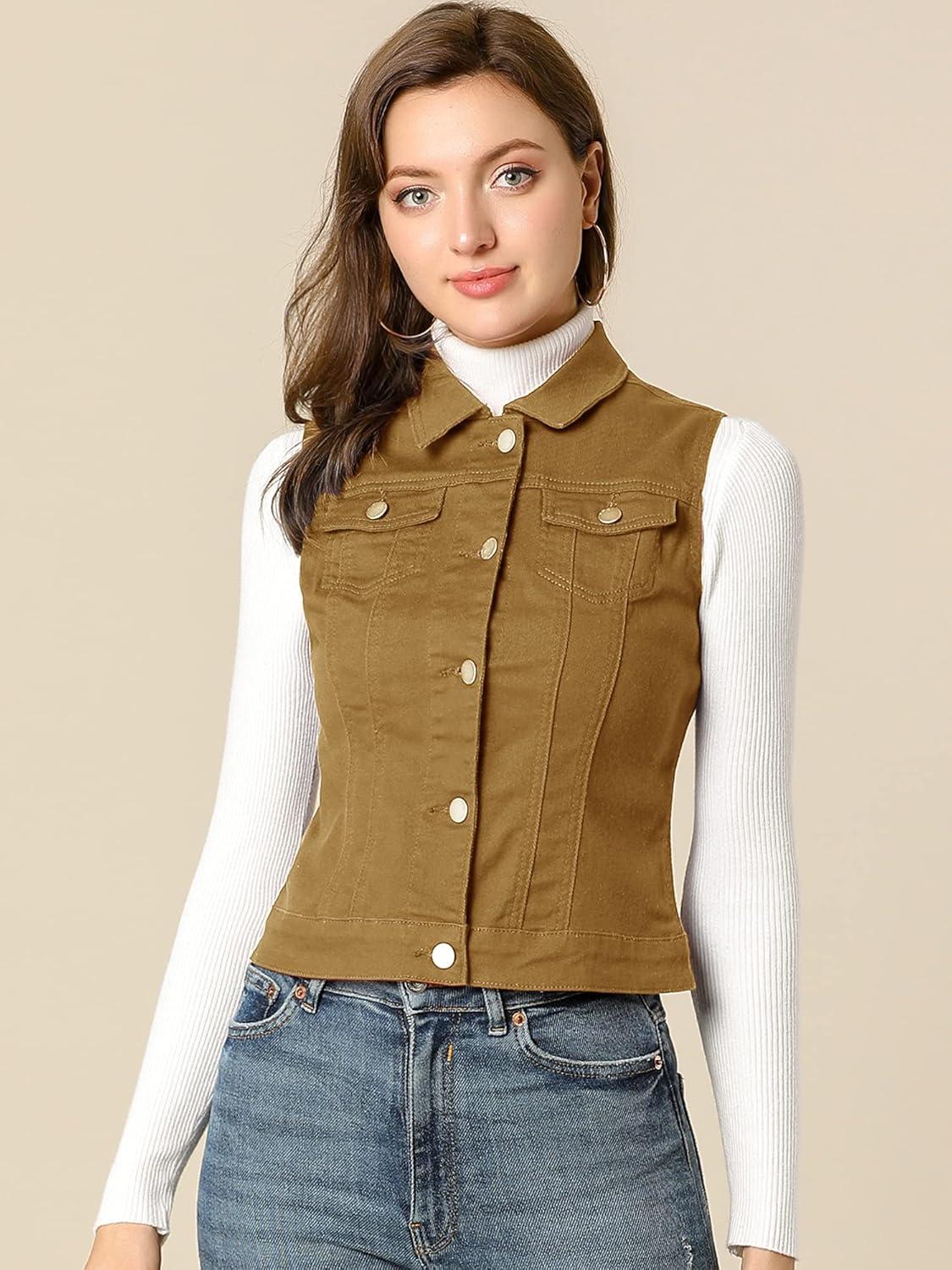 imageAllegra K Womens Buttoned Washed Denim Vest Jacket W Chest Flap PocketsKhaki