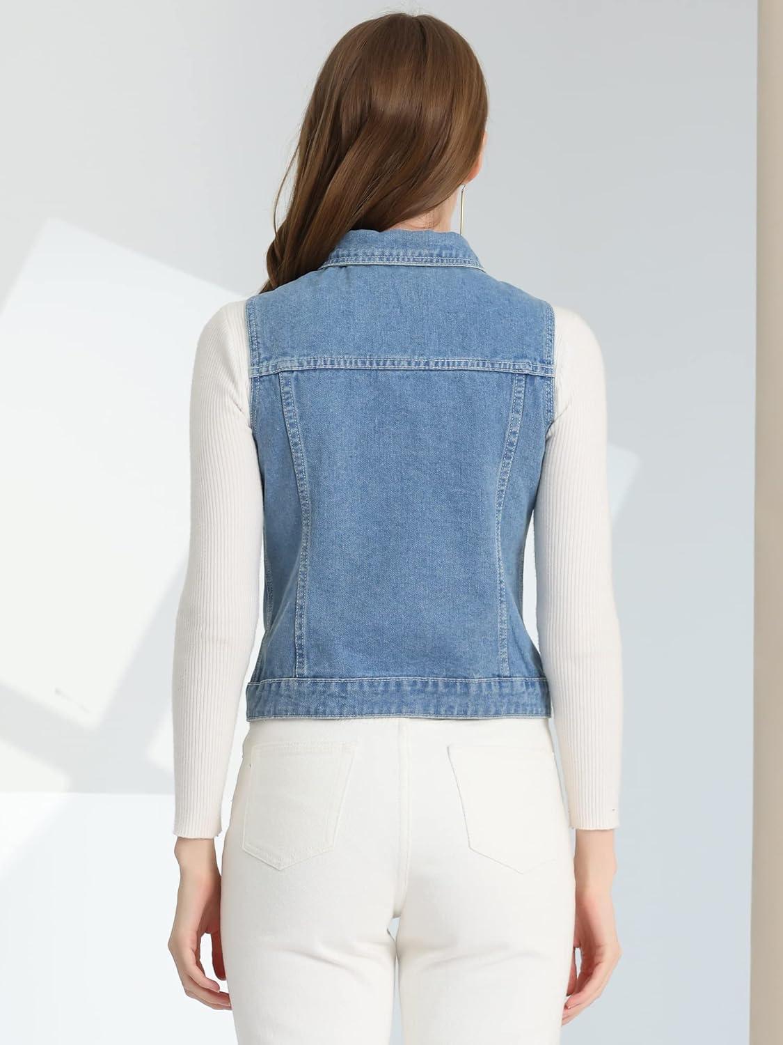 imageAllegra K Womens Buttoned Washed Denim Vest Jacket W Chest Flap PocketsLight Blueb