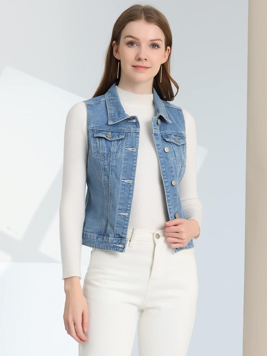 imageAllegra K Womens Buttoned Washed Denim Vest Jacket W Chest Flap PocketsLight Blueb