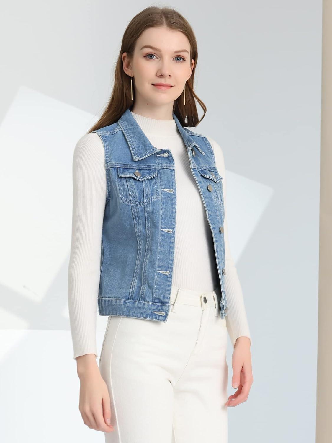 imageAllegra K Womens Buttoned Washed Denim Vest Jacket W Chest Flap PocketsLight Blueb