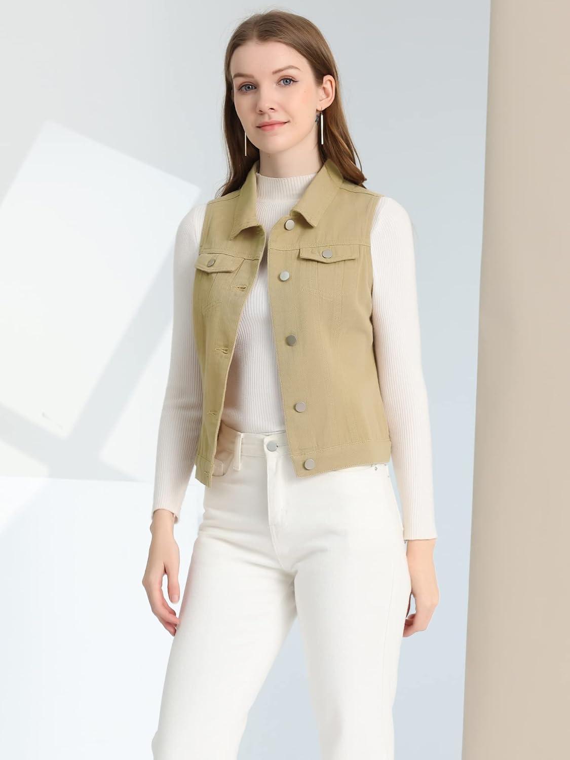 imageAllegra K Womens Buttoned Washed Denim Vest Jacket W Chest Flap PocketsLight Khaki