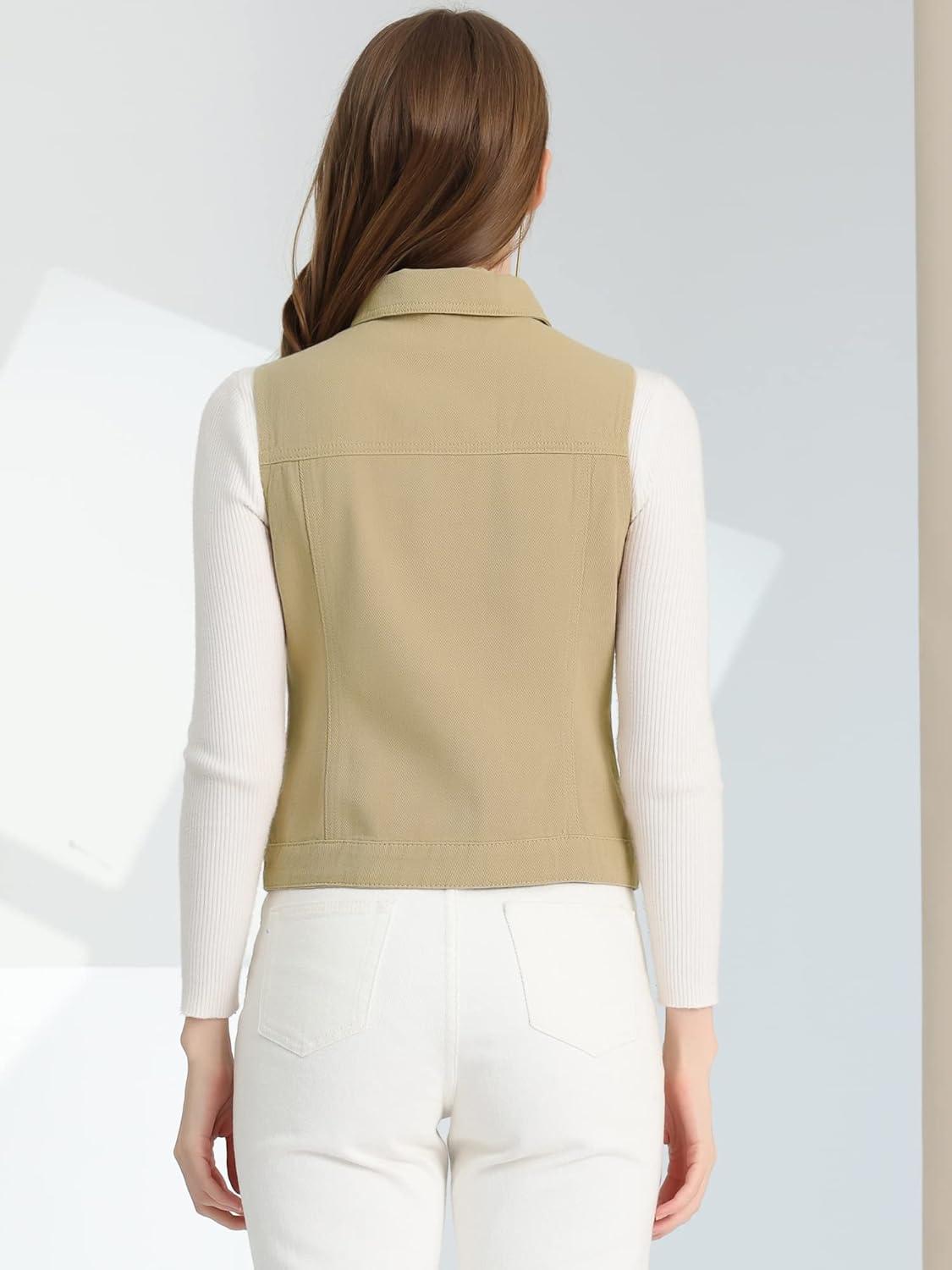 imageAllegra K Womens Buttoned Washed Denim Vest Jacket W Chest Flap PocketsLight Khaki