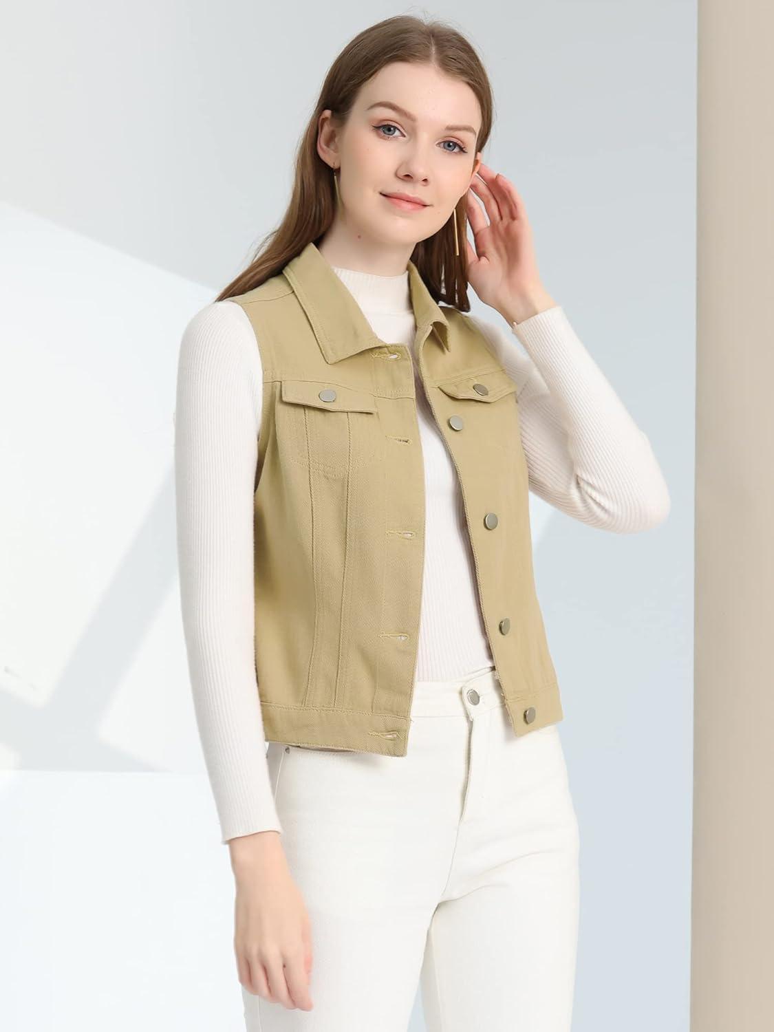 imageAllegra K Womens Buttoned Washed Denim Vest Jacket W Chest Flap PocketsLight Khaki