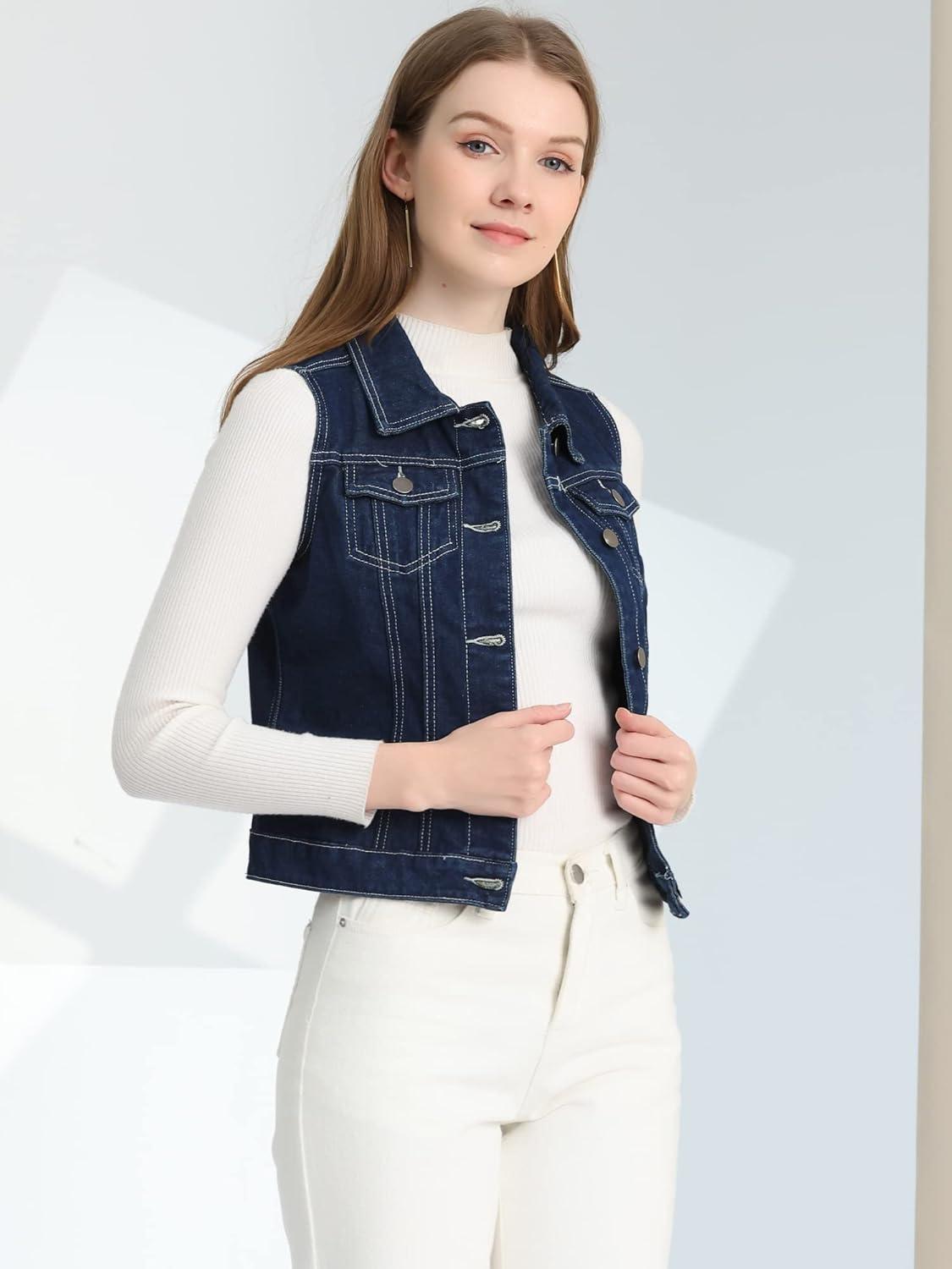 imageAllegra K Womens Buttoned Washed Denim Vest Jacket W Chest Flap PocketsNavy Blue