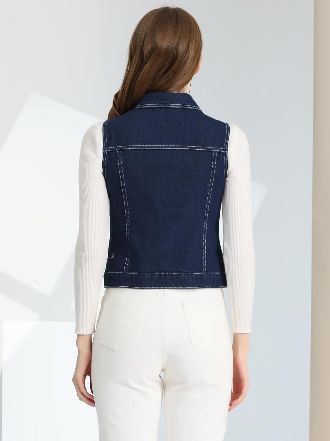 imageAllegra K Womens Buttoned Washed Denim Vest Jacket W Chest Flap PocketsNavy Blue