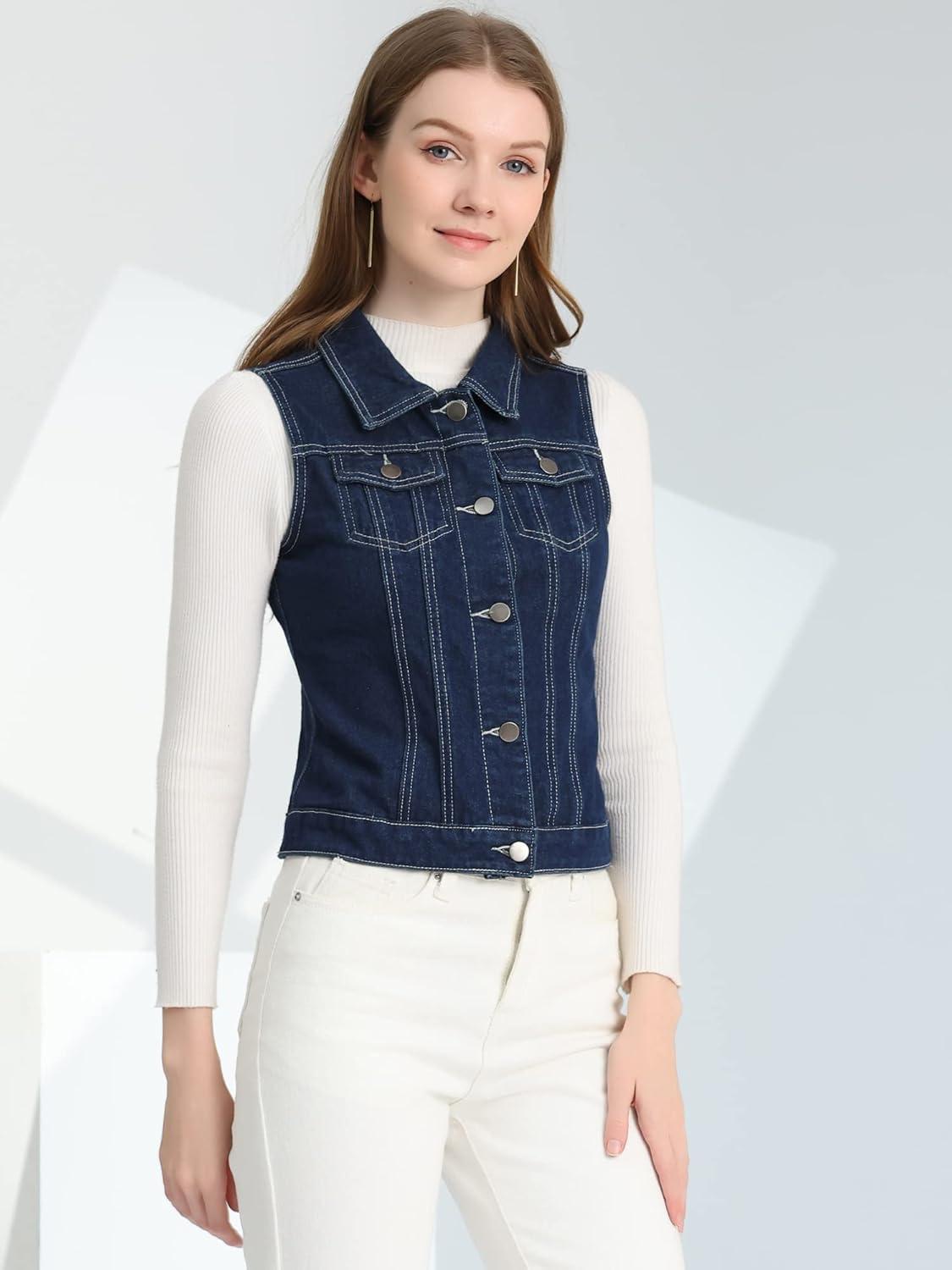 imageAllegra K Womens Buttoned Washed Denim Vest Jacket W Chest Flap PocketsNavy Blue