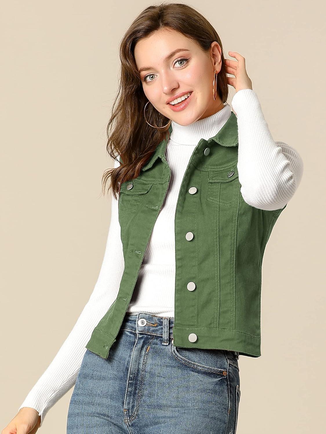 imageAllegra K Womens Buttoned Washed Denim Vest Jacket W Chest Flap PocketsOlive Green