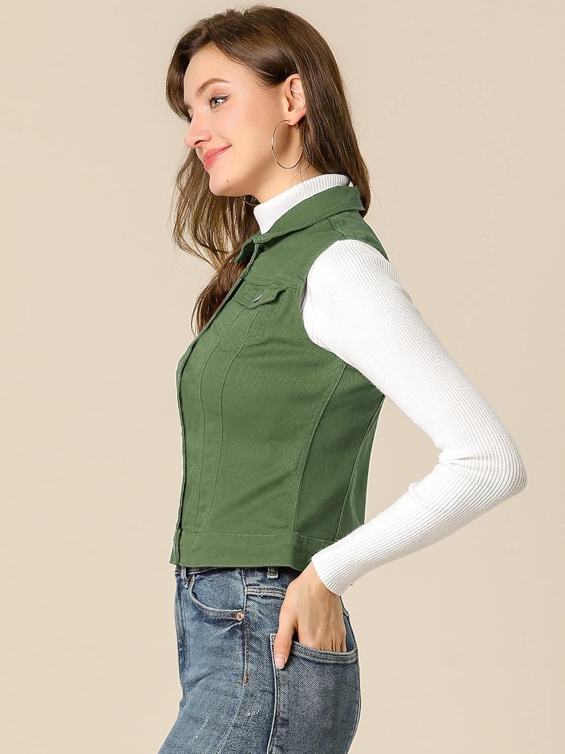 imageAllegra K Womens Buttoned Washed Denim Vest Jacket W Chest Flap PocketsOlive Green