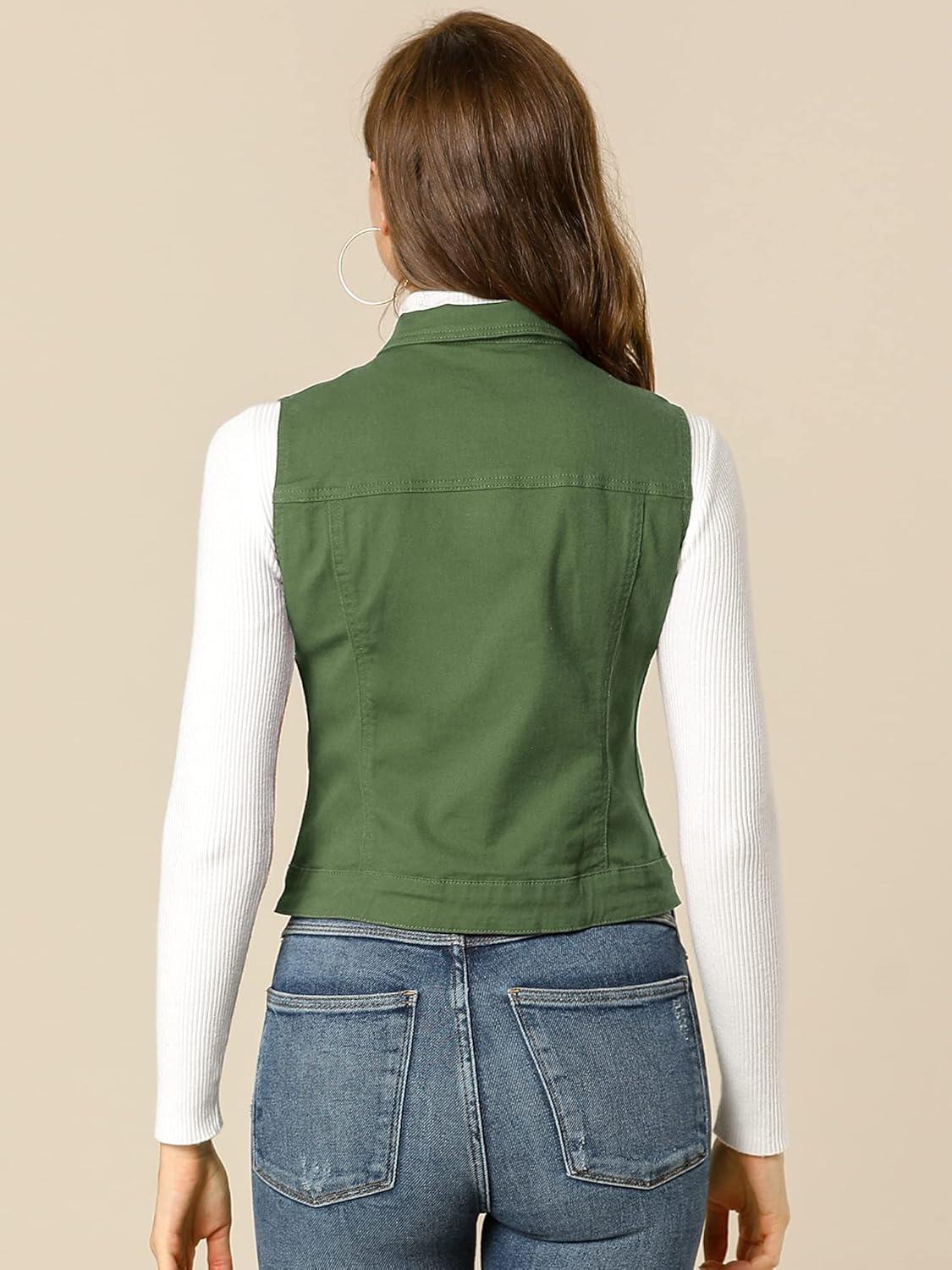 imageAllegra K Womens Buttoned Washed Denim Vest Jacket W Chest Flap PocketsOlive Green