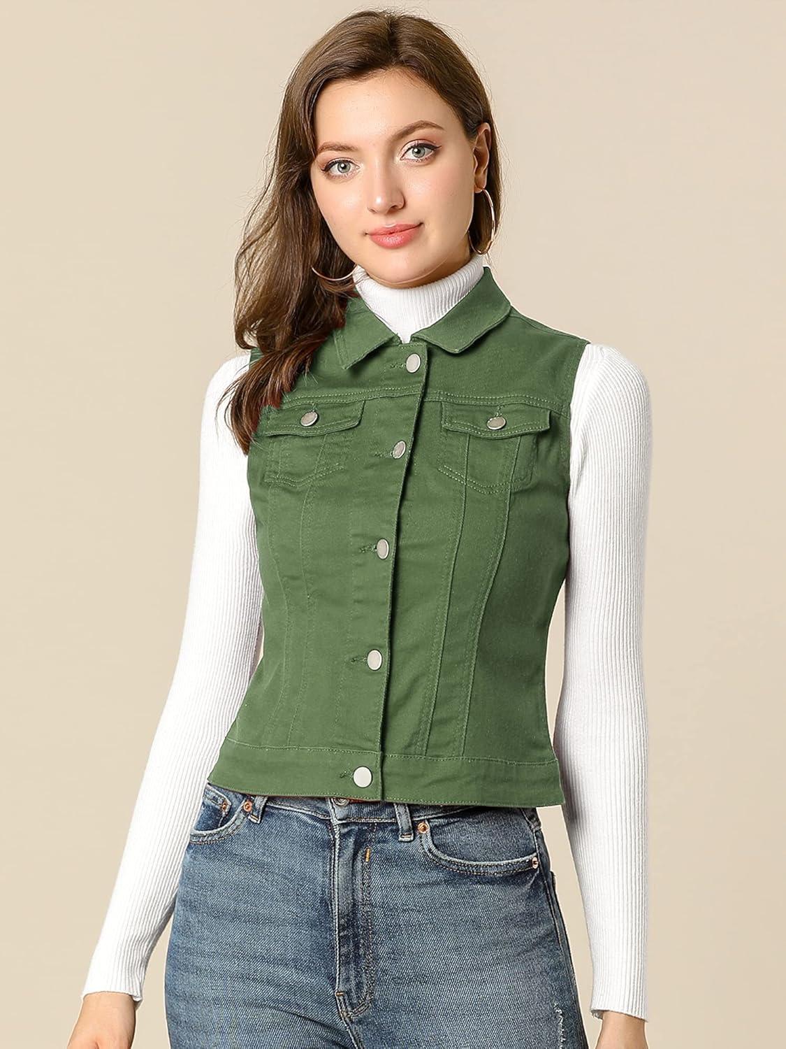 imageAllegra K Womens Buttoned Washed Denim Vest Jacket W Chest Flap PocketsOlive Green