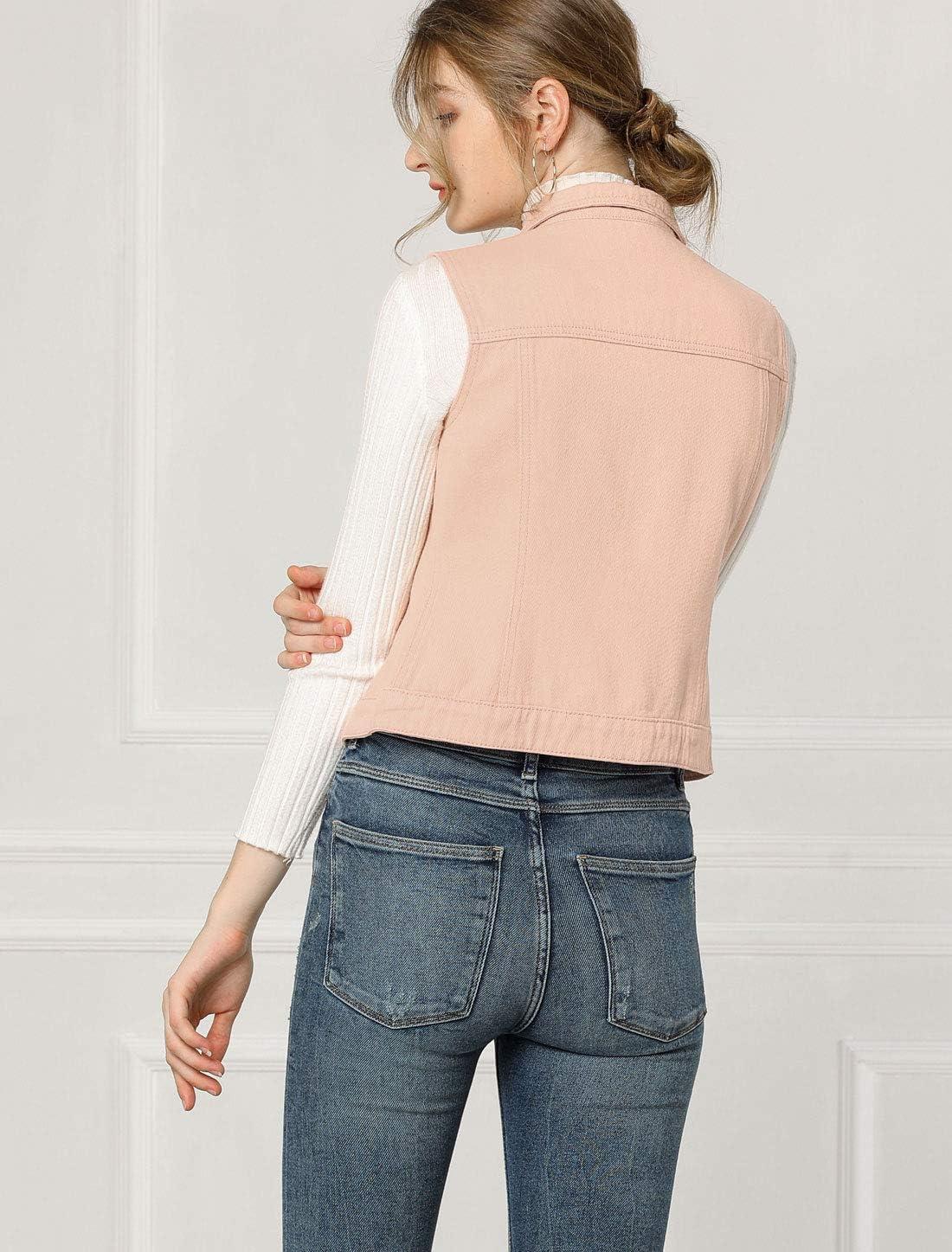 imageAllegra K Womens Buttoned Washed Denim Vest Jacket W Chest Flap PocketsPink