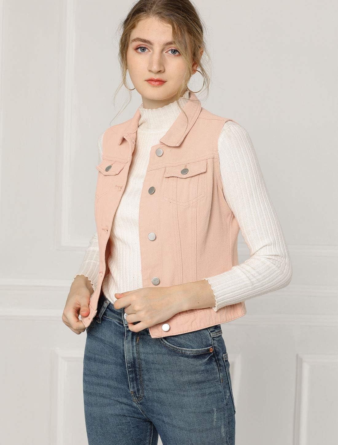 imageAllegra K Womens Buttoned Washed Denim Vest Jacket W Chest Flap PocketsPink