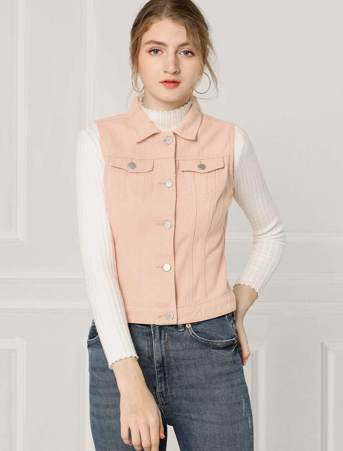 imageAllegra K Womens Buttoned Washed Denim Vest Jacket W Chest Flap PocketsPink