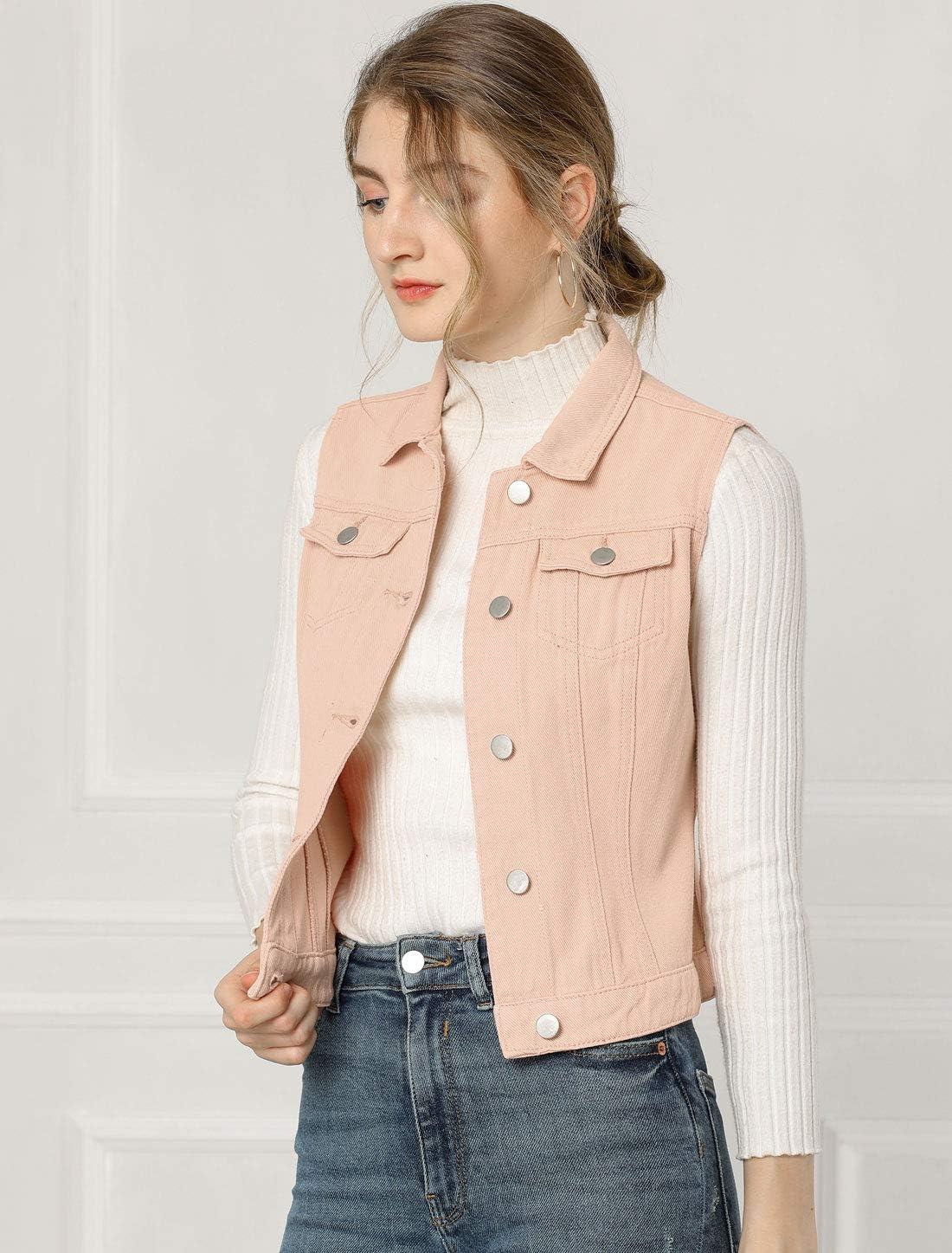 imageAllegra K Womens Buttoned Washed Denim Vest Jacket W Chest Flap PocketsPink