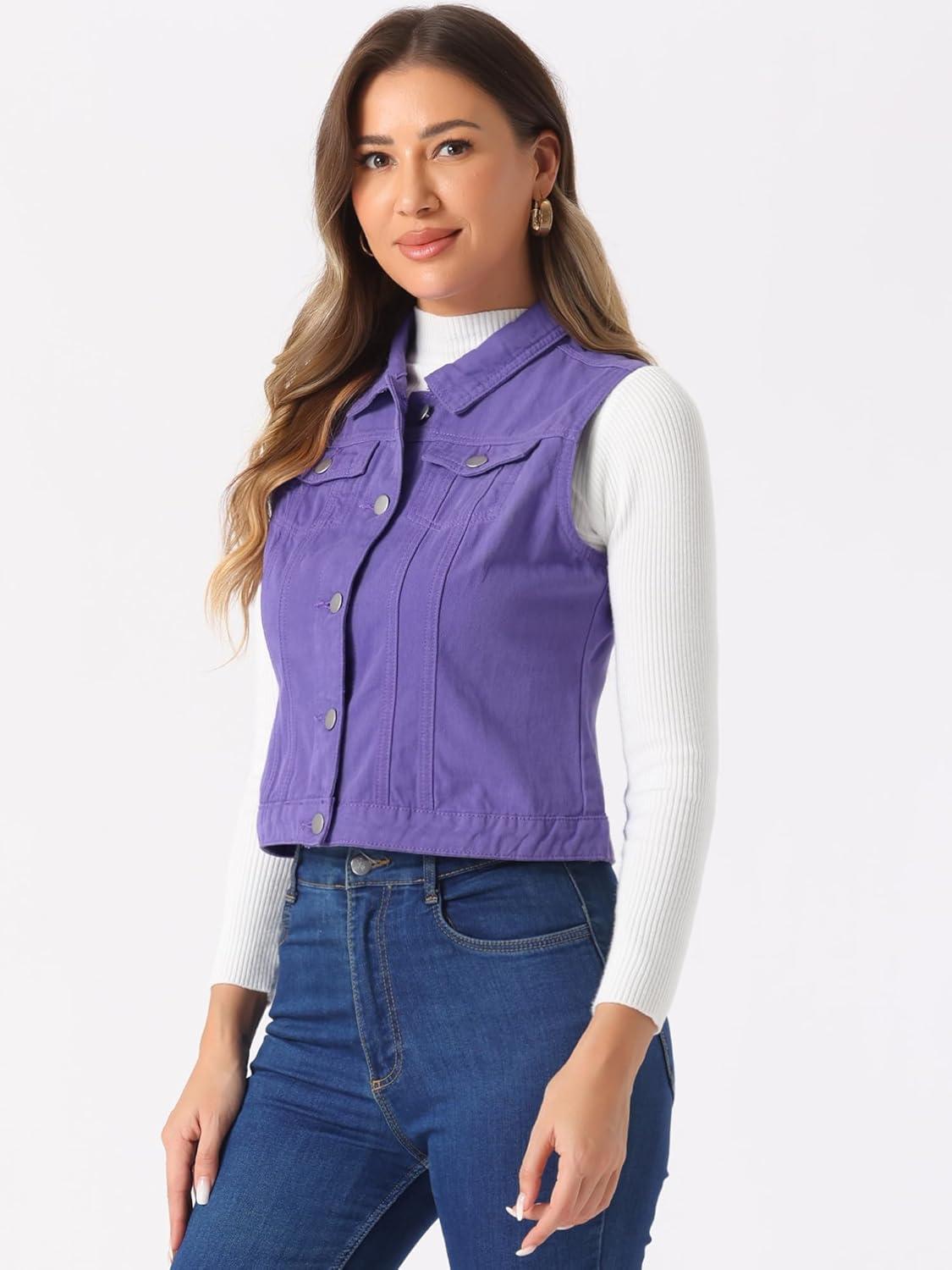 imageAllegra K Womens Buttoned Washed Denim Vest Jacket W Chest Flap PocketsPurple