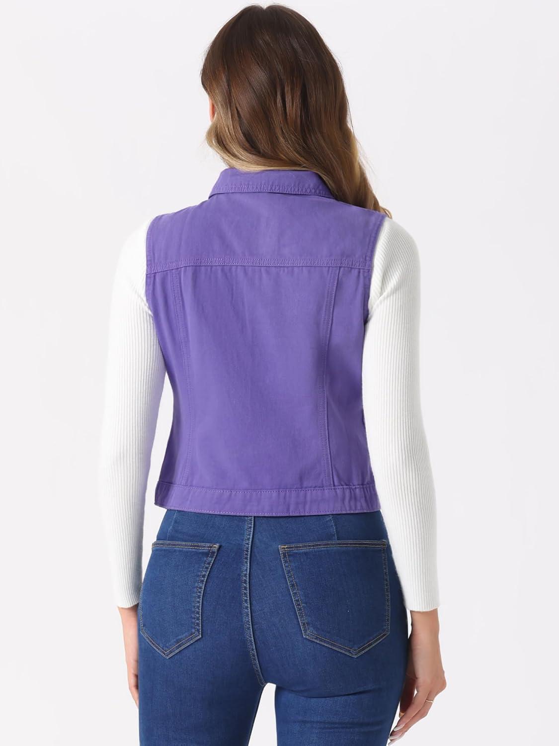 imageAllegra K Womens Buttoned Washed Denim Vest Jacket W Chest Flap PocketsPurple