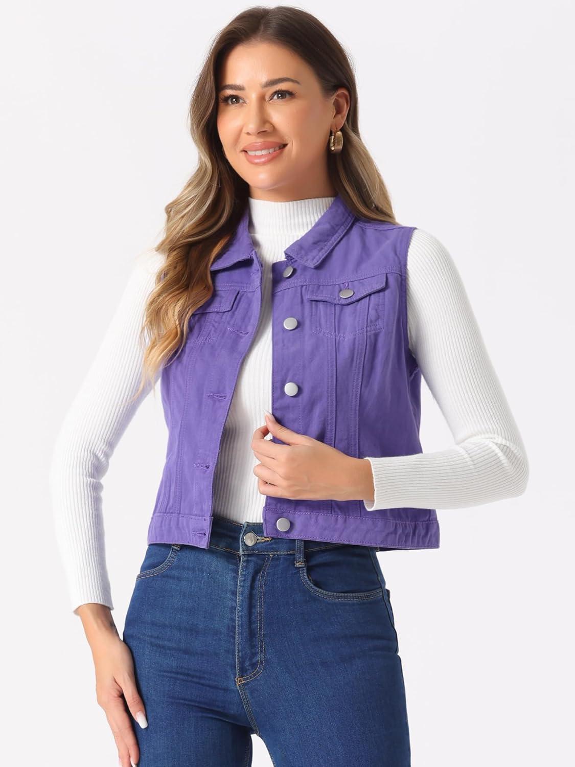 imageAllegra K Womens Buttoned Washed Denim Vest Jacket W Chest Flap PocketsPurple