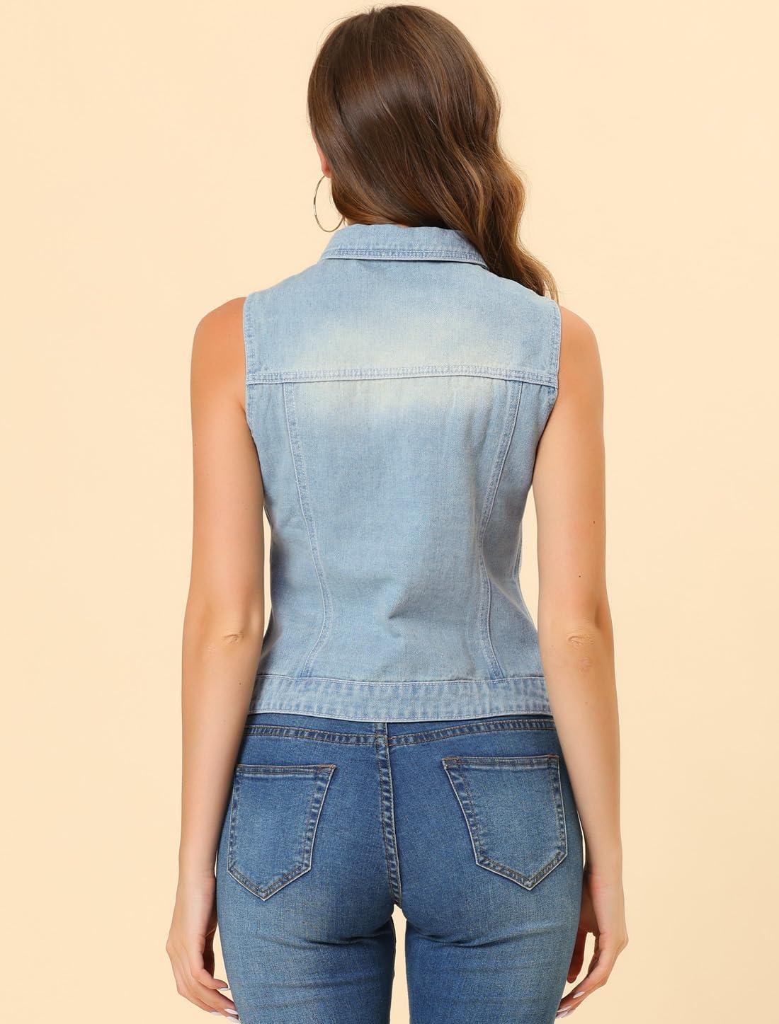 imageAllegra K Womens Buttoned Washed Denim Vest Jacket W Chest Flap PocketsSky Blue