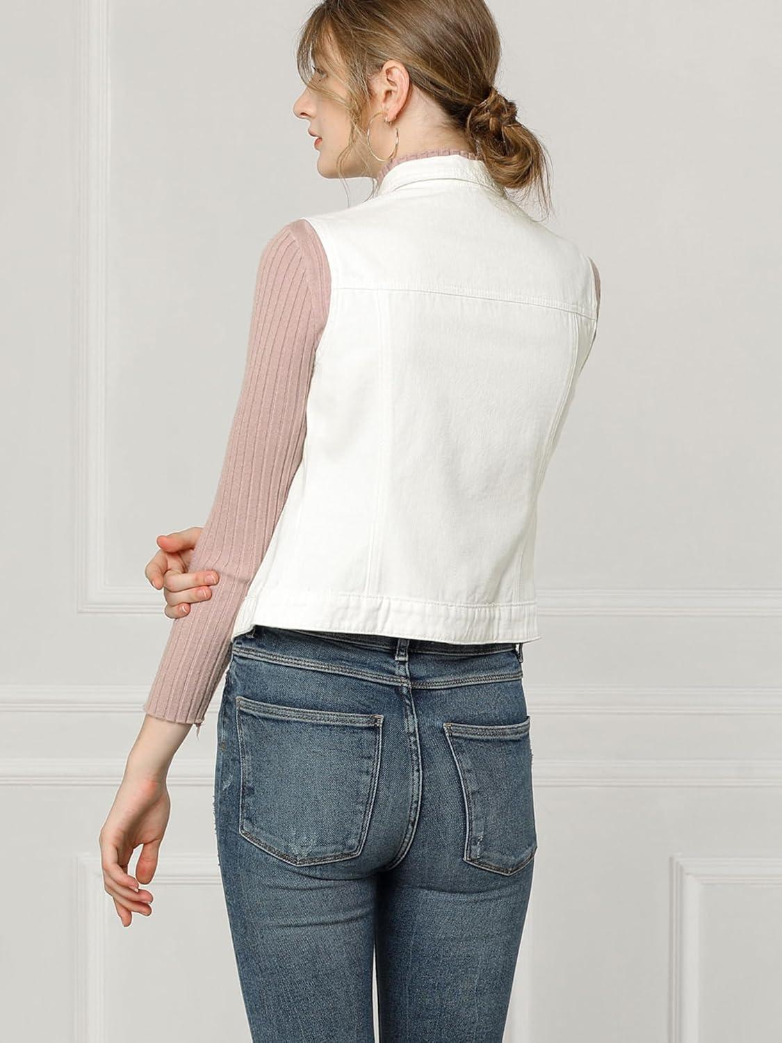 imageAllegra K Womens Buttoned Washed Denim Vest Jacket W Chest Flap PocketsWhite
