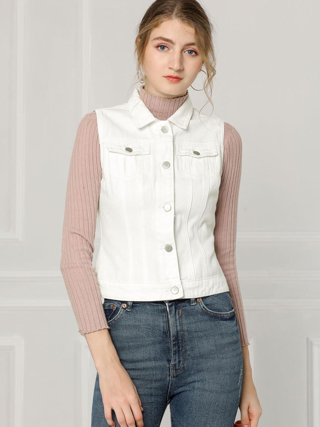 imageAllegra K Womens Buttoned Washed Denim Vest Jacket W Chest Flap PocketsWhite