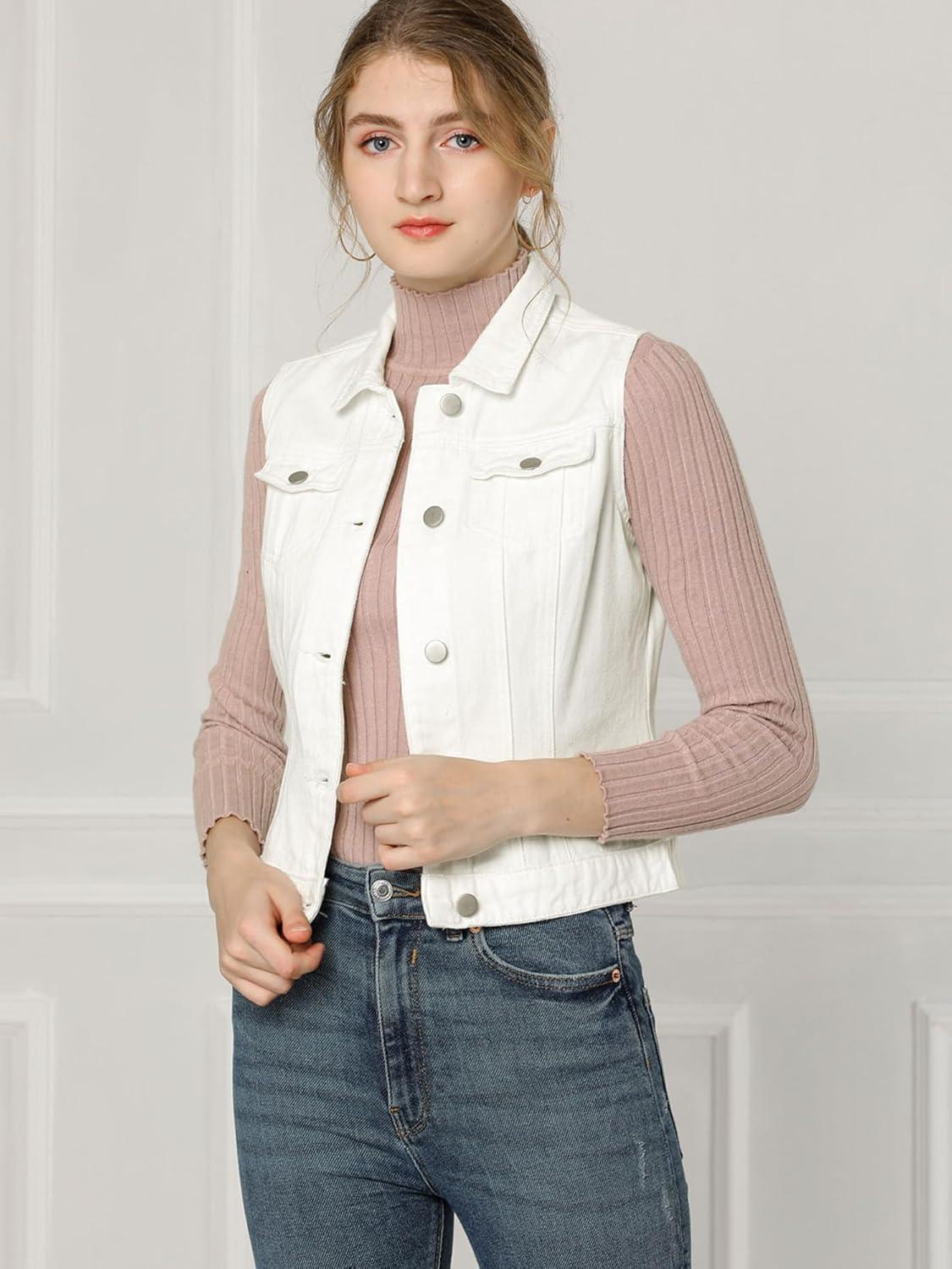 imageAllegra K Womens Buttoned Washed Denim Vest Jacket W Chest Flap PocketsWhite