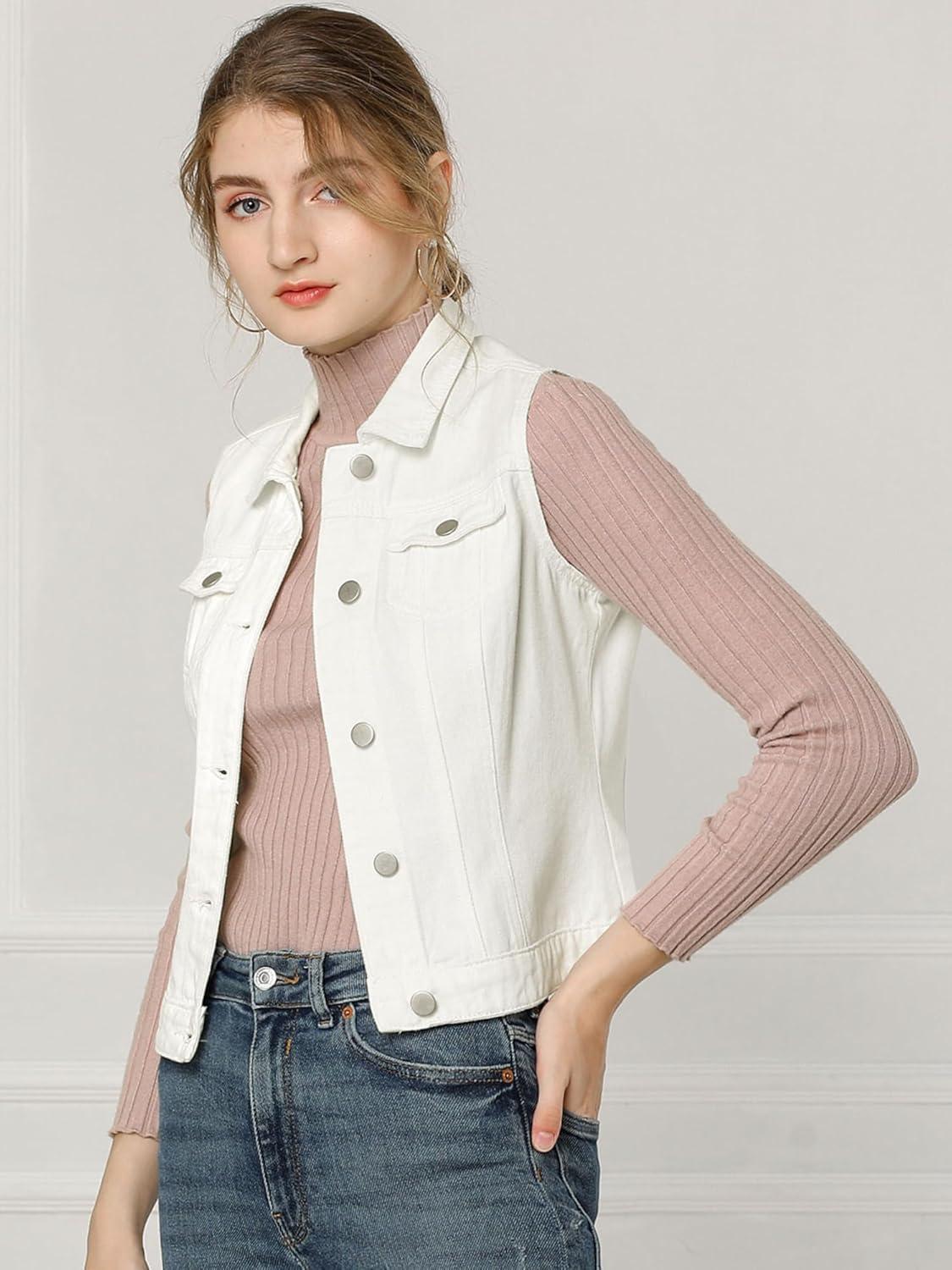 imageAllegra K Womens Buttoned Washed Denim Vest Jacket W Chest Flap PocketsWhite