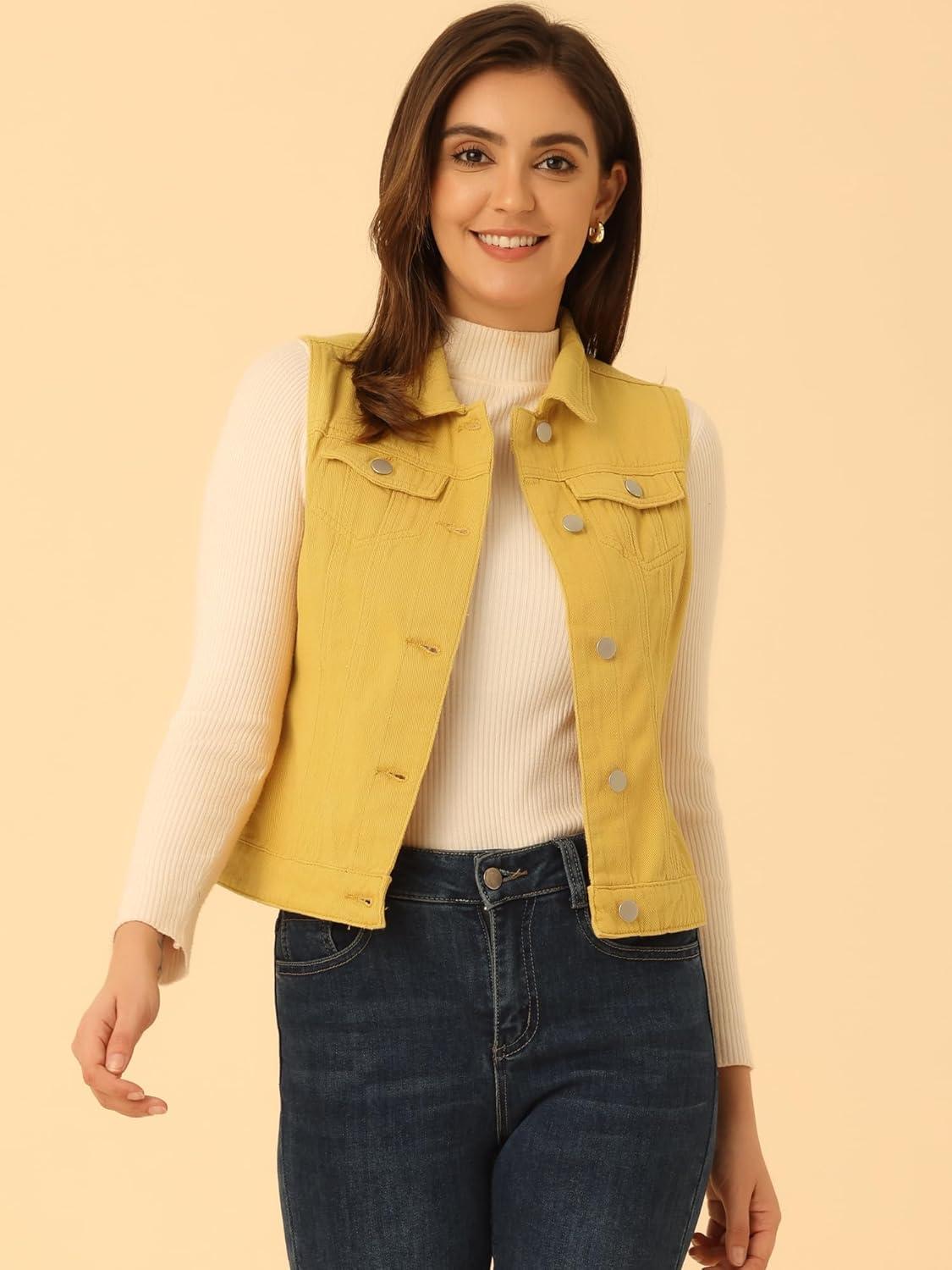 imageAllegra K Womens Buttoned Washed Denim Vest Jacket W Chest Flap PocketsYellow