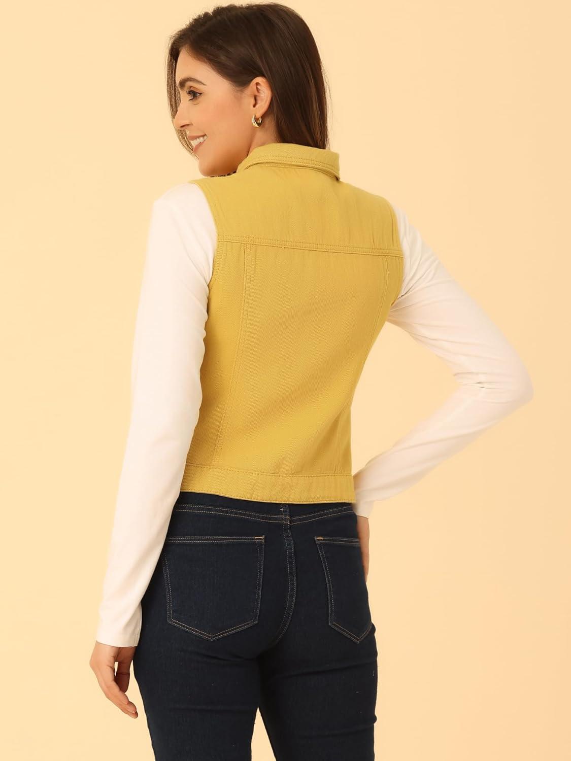 imageAllegra K Womens Buttoned Washed Denim Vest Jacket W Chest Flap PocketsYellow